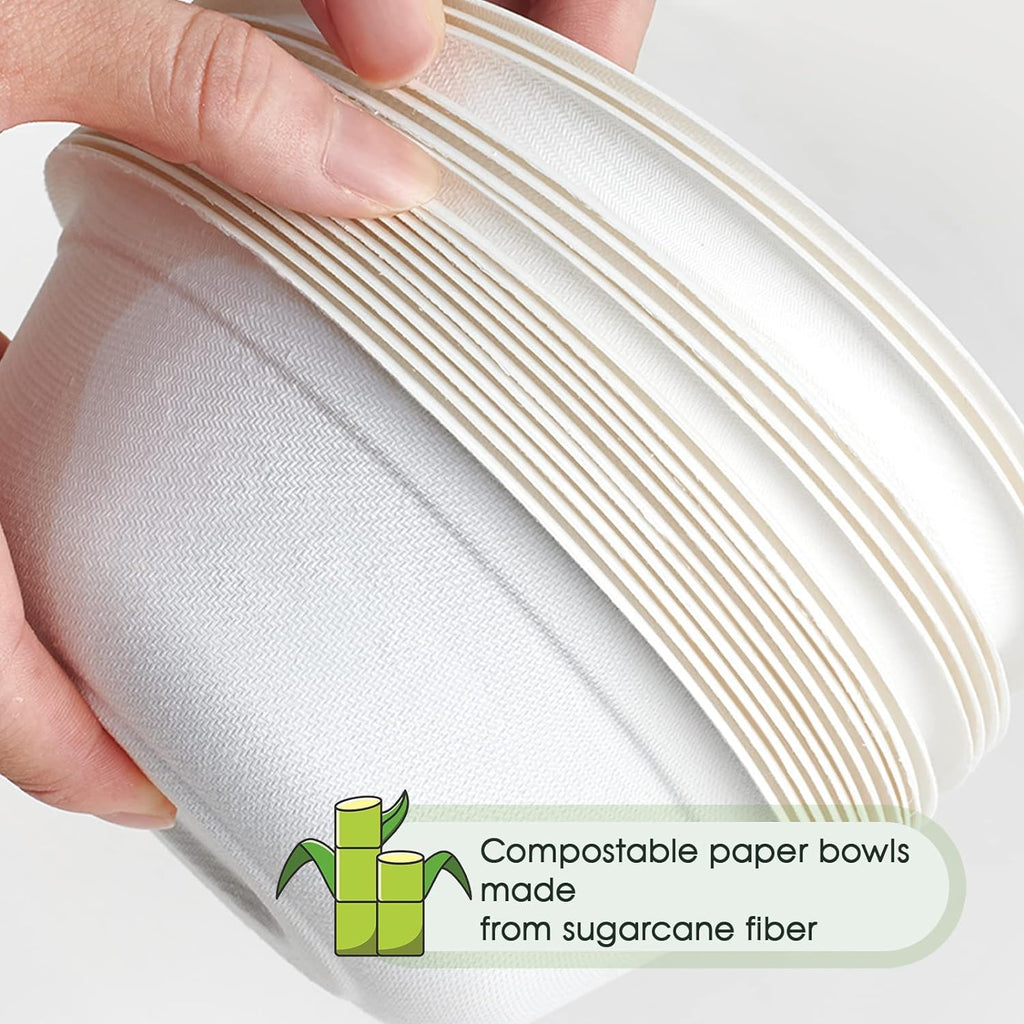 150 Pack 12 oz Compostable Paper Bowls Disposable, White | Heavy-Duty Biodegradable Bowls Made of Natural Sugarcane Bagasse, Perfect for Milk Cereals, Snacks, Salads, Desserts, Soups