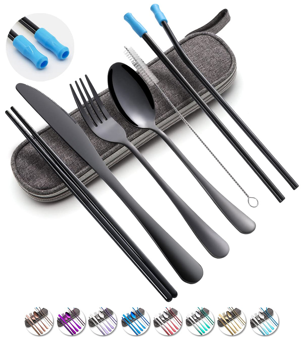 Travel Utensils Set with Case Reusable Portable Cutlery Set Stainless Steel 8pcs Including Dinner Knife Fork Spoon Chopsticks straws(Gradient Pink) | Dishwasher Including Dinner Knife Fork Spoon Chopsticks Straws Travel Fork Spoon Knife for Work, Camping