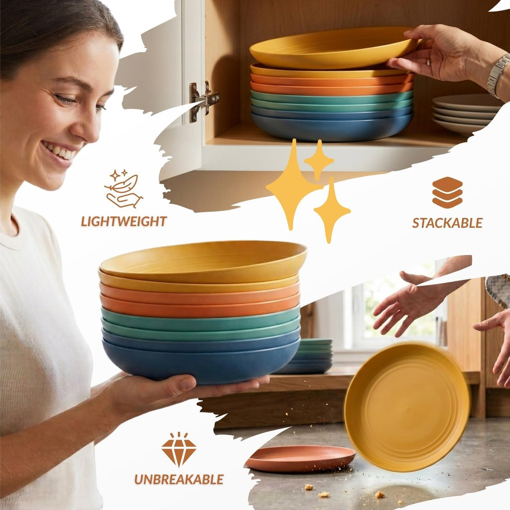 Deep Dinner Plates Set of 8 Alternative for Plastic Plates Microwave and Dishwasher Safe Wheat Straw Plates for Kitchen Unbreakable Kids Plate Set with 4 Colors (Classic Bright, 9 inch)