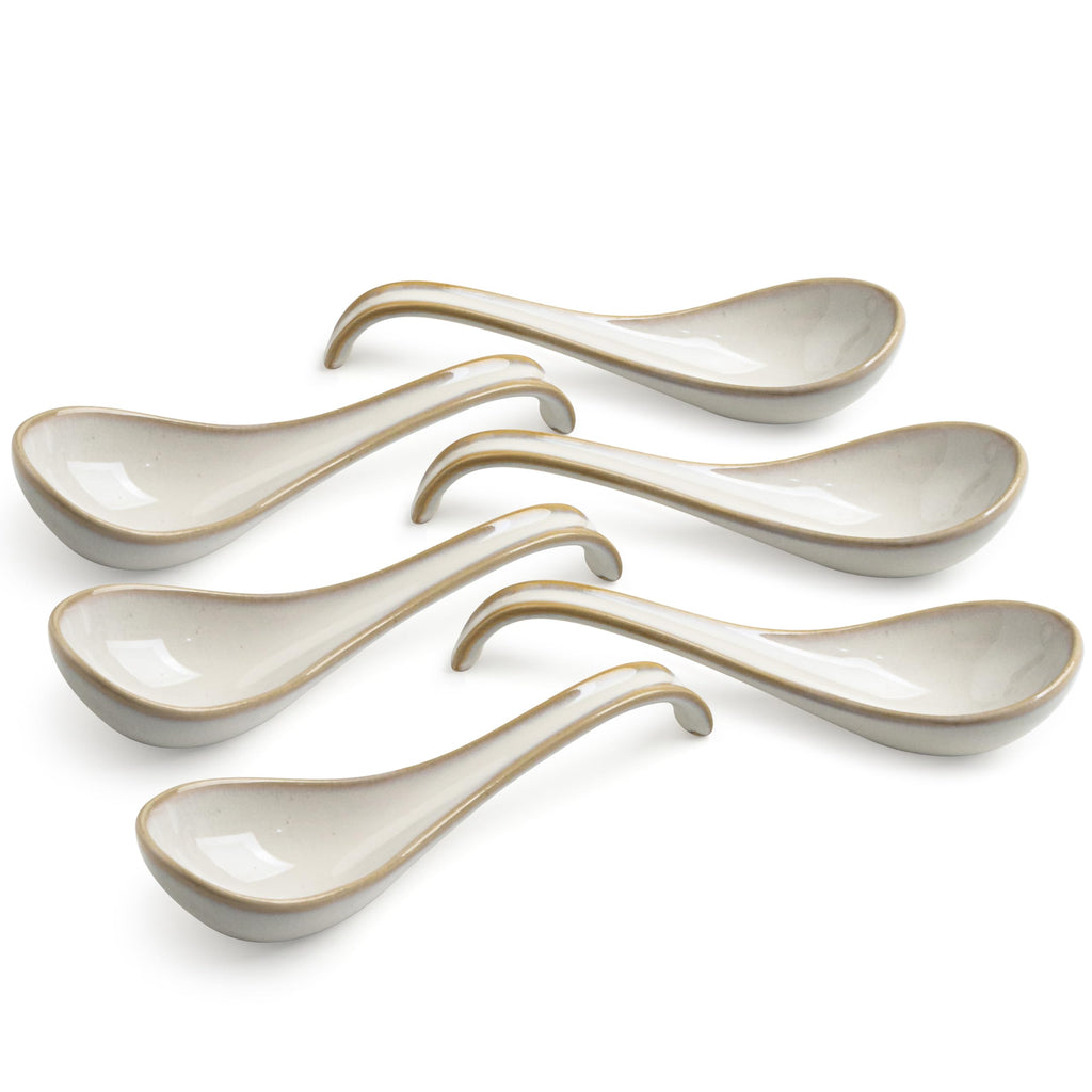 LYEOBOH 6 Pieces Asian Soup Spoons, Japanese Kitchen Soup Spoon Set, Dinner Tablespoons with Long Handle for Cereal, Ramen, Ice Cream, Dishwasher & Microwave Safe, Rustic Decor, White and Brown