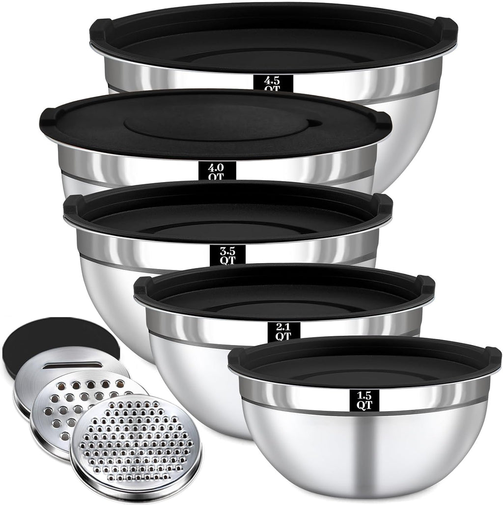 8PCS Mixing Bowls with Lids Set - 5 Nesting Mixing Bowls, 3 Grater Attachments, Lids, Stainless Steel Mixing Bowls for Mixing & Serving, Size 1.5/2.1/3.5/4/4.5 QT, Black