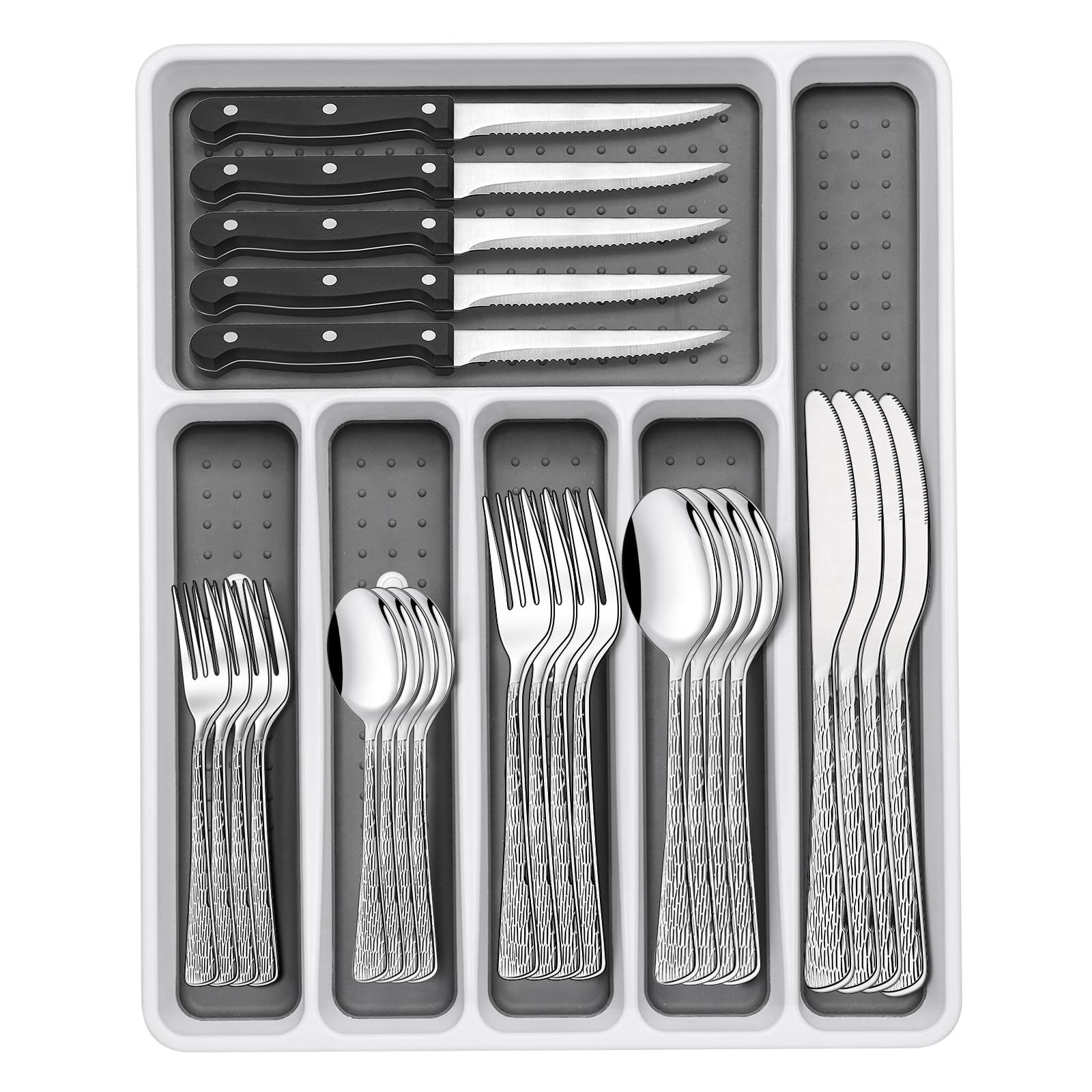 49-Piece Black Silverware Set with Organizer, Food-Grade Stainless Steel Black Flatware for 8, Cutlery Utensil Sets with Steak Knives, Rust-proof, Mirror Polished, Dishwasher Safe, Tree Pattern