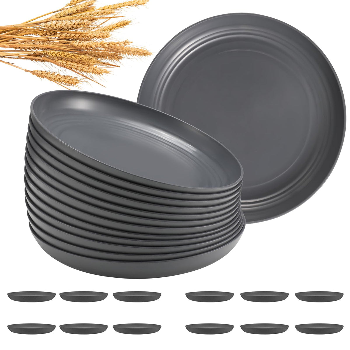 HEYCOME 12 Pcs Unbreakable Deep Dinner Plates Set, 10 inch Reusable Plastic Wheat Straw Plates, Microwave and Dishwasher Safe Plate for Kitchen, Lightweight Plate for Dessert, BPA Free, 6 Colors