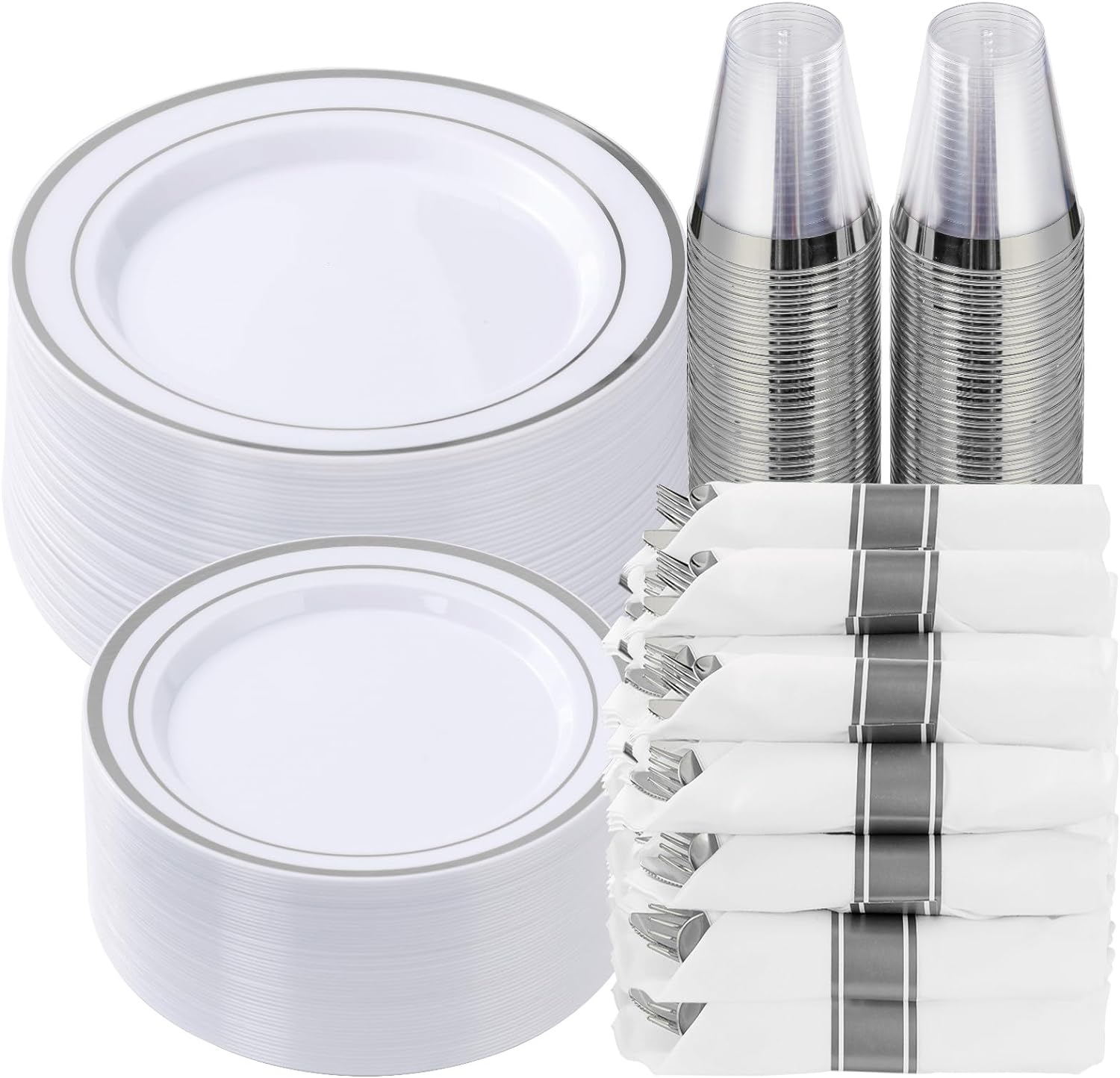 350 Piece Silver Plastic Dinnerware Set for 50 Guests | Disposable Dinnerware Includes: 50 Dinner Plates, 50 Dessert Plates, 50 Pre Rolled Napkins with Silver Silverware, 50 Cups