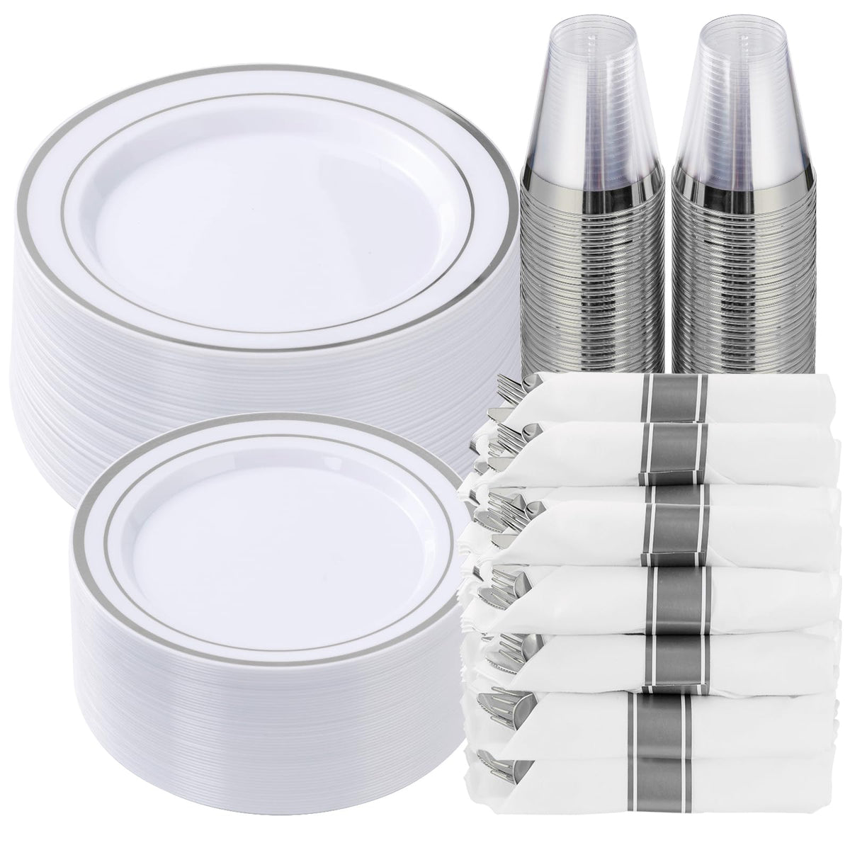 350 Piece Silver Plastic Dinnerware Set for 50 Guests | Disposable Dinnerware Includes: 50 Dinner Plates, 50 Dessert Plates, 50 Pre Rolled Napkins with Silver Silverware, 50 Cups