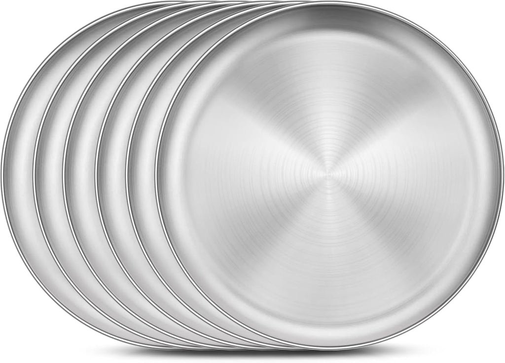 Homikit 6 Pack Stainless Steel Plate Set, 10.2 Inch Metal Dinner Plates for Kids Children Adult, Round Camping Plates for Serving Dishes Dessert Salad, Reusable & Unbreakable, Dishwasher Safe