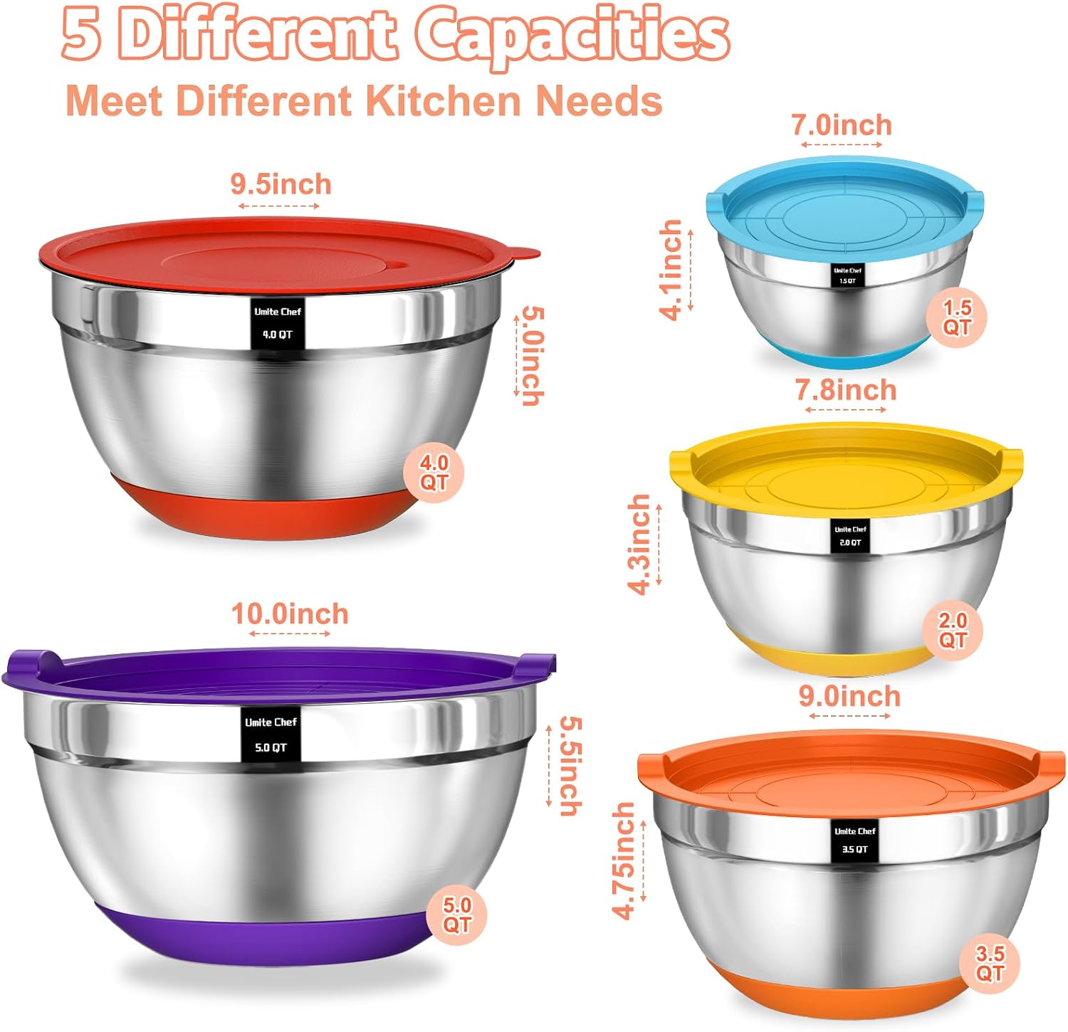 Umite Chef Mixing Bowls with Airtight Lids Set, 8PCS Stainless Steel Nesting Bowls Set, 3 Grater Attachments & Non-Slip Bottoms, Size 5, 4, 3.5, 2, 1.5QT for Baking & Mixing(Colorful)
