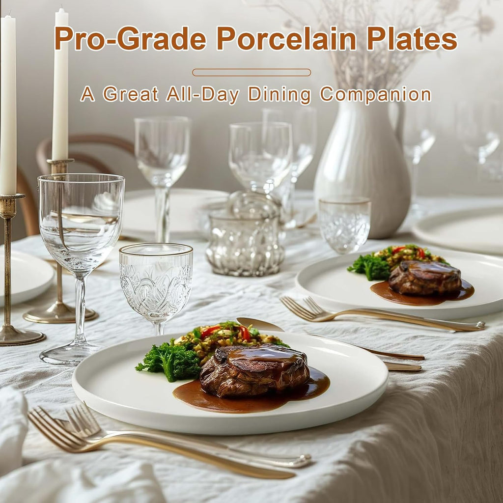 Jassceram 10.5 Inch Dinner Plates Set of 6, Round, White | Ceramic Plates for Kitchen or Restaurant, Low-Rim, Microwave, Oven, Dishwasher Safe, Scratch Resistant and Lead-free