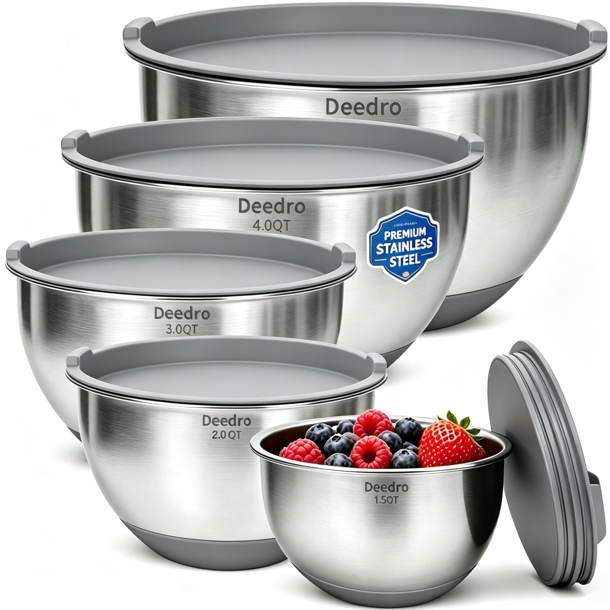 Deedro Mixing Bowls with Airtight Lids, Stainless Steel Mixing Bowls Set | 22Pcs Nesting Bowls with Non-Slip Silicone Base, thicker Metal Bowls for Baking & Prepping, 1.5/2/3/4/5 QT, Khaki