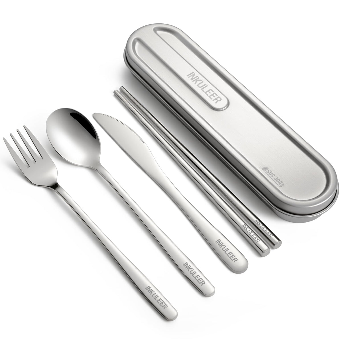 iNKULEER Travel cutlery set, 18/8 stainless steel cutlery, Reusable utensils set with case, Portable Silverware Lunch Box for Camping and Office (Pink)