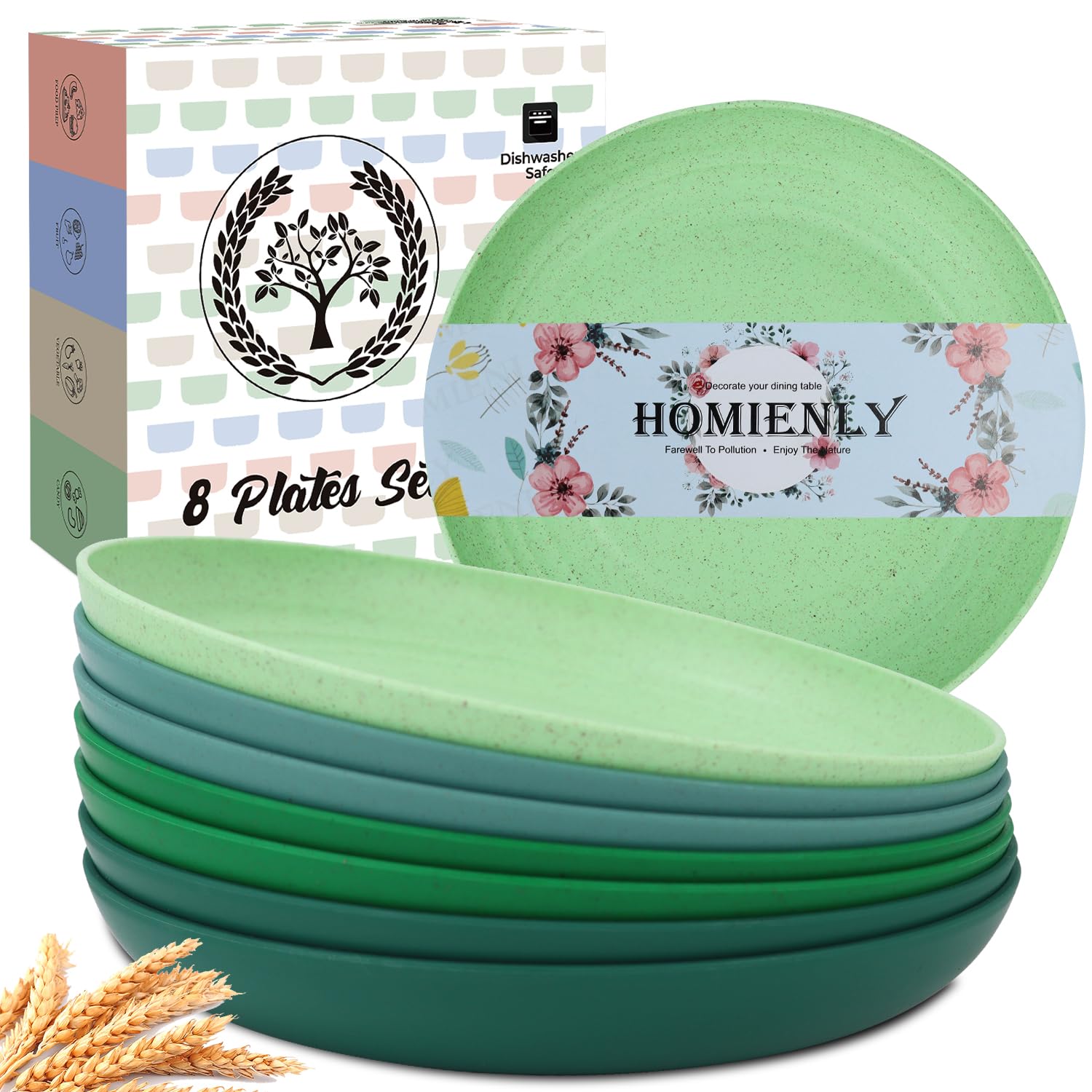 Deep Dinner Plates Set of 8 Alternative for Plastic Plates Microwave and Dishwasher Safe Wheat Straw Plates for Kitchen Unbreakable Kids Plate Set with 4 Colors (Classic Bright, 9 inch)