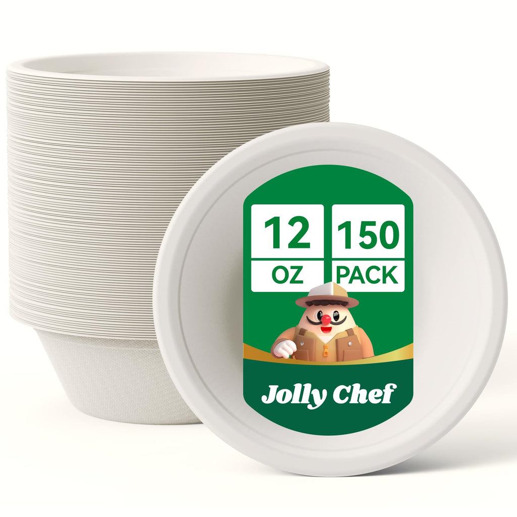 Compostable Disposable Paper Bowl [16 oz] Heavy Duty Soup Containers [150 Pack] Biodegradable Bagasse Hot Cold Food Eco-Friendly Sugarcane Microwavable Bowls for Salad Milk Thanksgiving Day