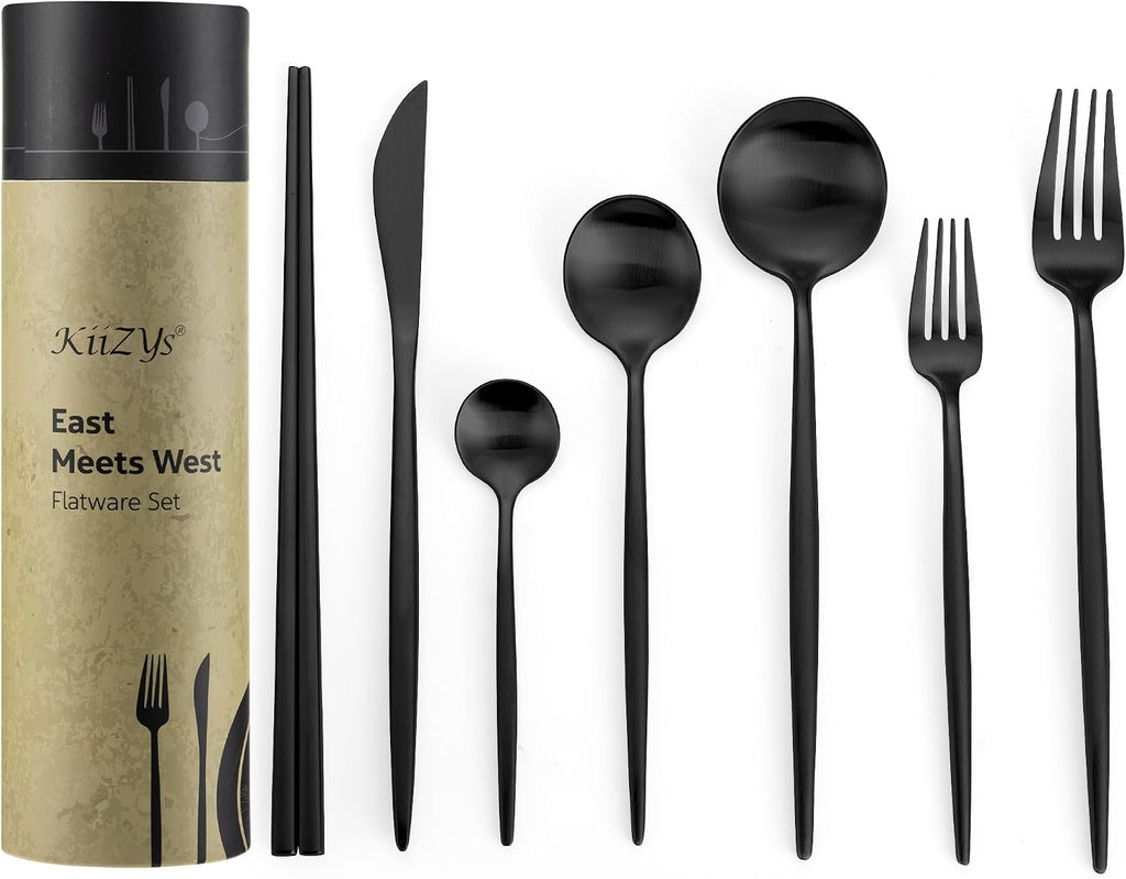 KiiZYs Matte Black Flatware Set - 14-piece Modern Silverware Set Stainless Steel Utensils - Metal Chopsticks Kitchen Cutlery Fork Spoon Knife - Dishwasher Safe House Warming Gift Box (Black, 2 Sets)