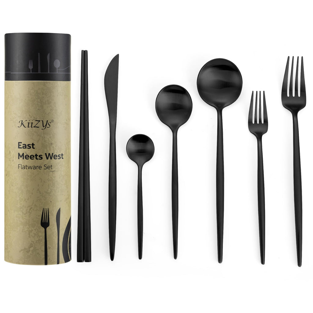 KiiZYs Matte Black Flatware Set - 14-piece Modern Silverware Set Stainless Steel Utensils - Metal Chopsticks Kitchen Cutlery Fork Spoon Knife - Dishwasher Safe House Warming Gift Box (Black, 2 Sets)