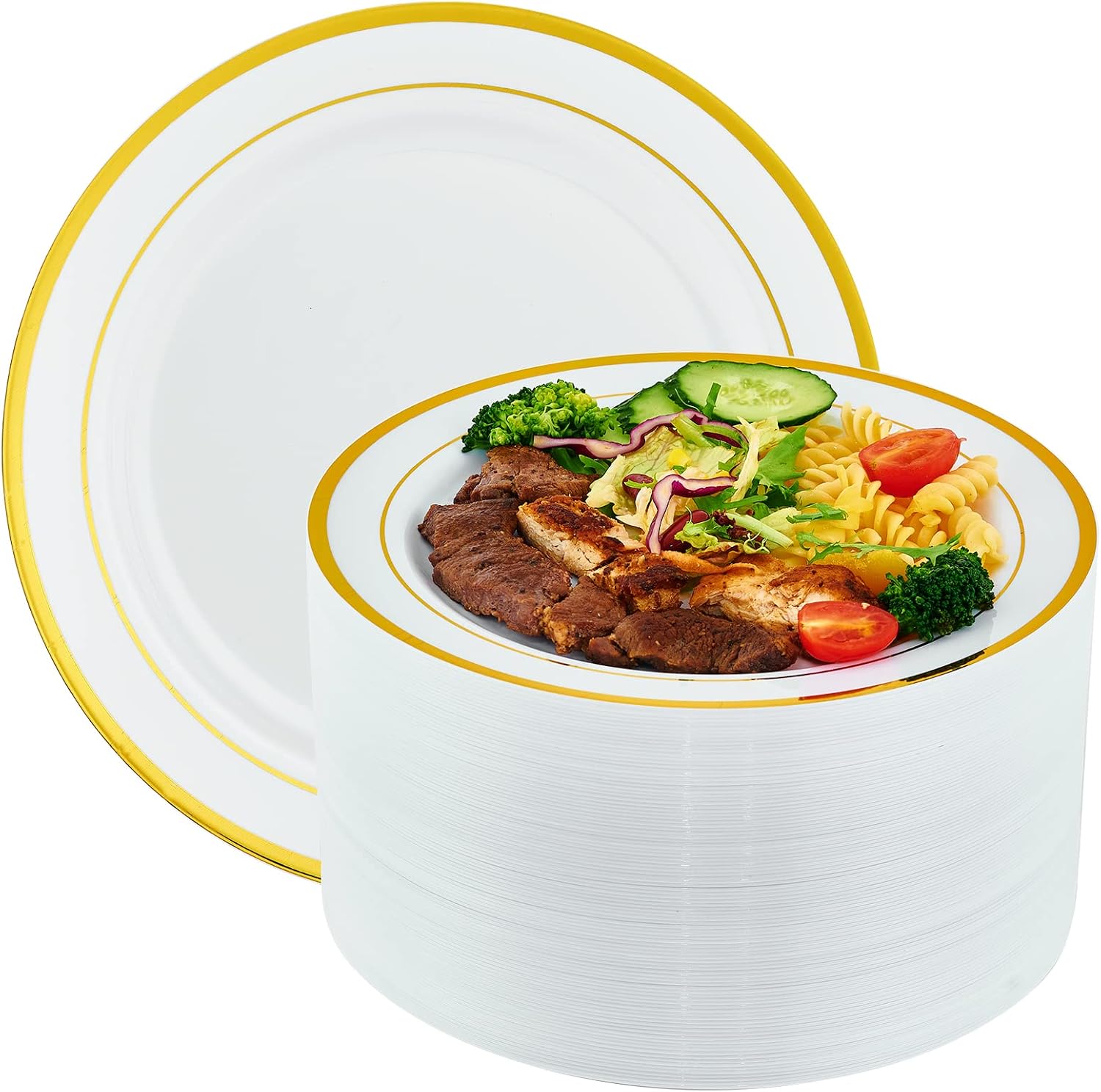 Vplus 100 Pack 10 in Gold Rimmed White Disposable Plastic Plates for Party | Heavy Duty, Elegant Durable Dinner Plates, Ideal for Office, Gathering, Wedding, Thanksgiving, Christmas, Halloween, Daily
