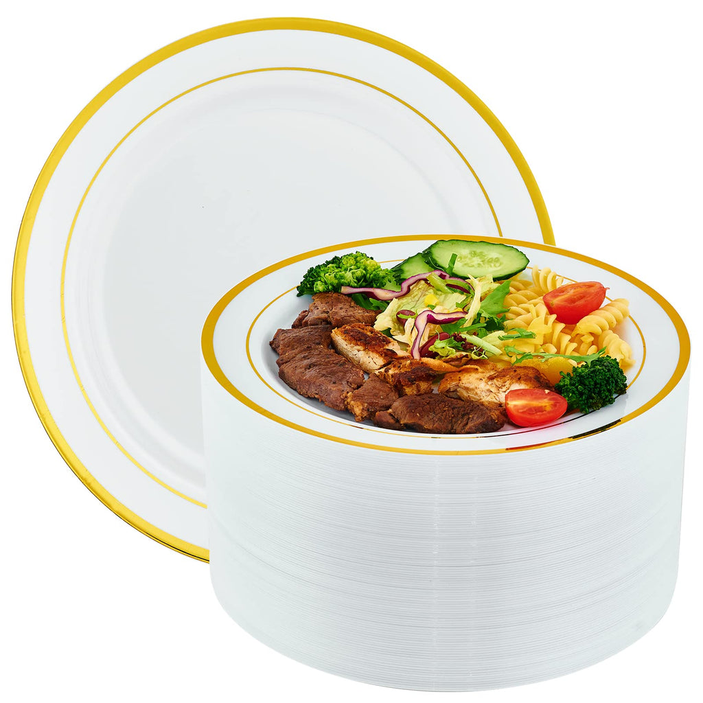 Vplus 100 Pack 10 in Gold Rimmed White Disposable Plastic Plates for Party | Heavy Duty, Elegant Durable Dinner Plates, Ideal for Office, Gathering, Wedding, Thanksgiving, Christmas, Halloween, Daily