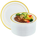 Vplus 100 Pack 10 in Gold Rimmed White Disposable Plastic Plates for Party | Heavy Duty, Elegant Durable Dinner Plates, Ideal for Office, Gathering, Wedding, Thanksgiving, Christmas, Halloween, Daily