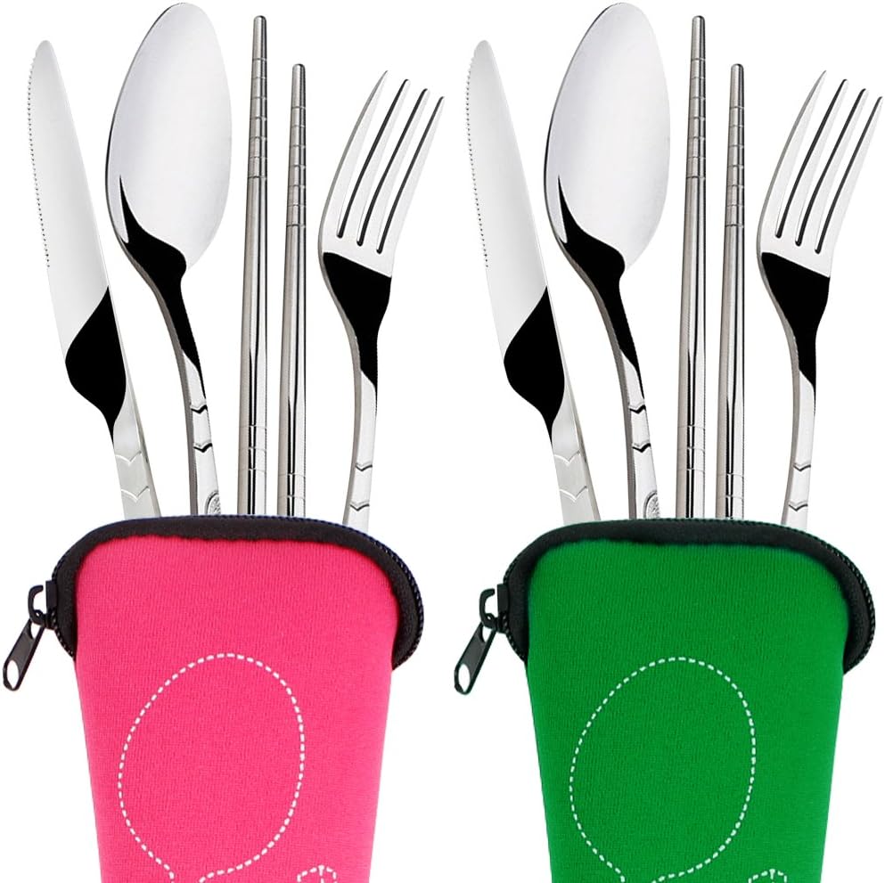 SENHAI 8 Pieces Flatware Sets Knife, Fork, Spoon, Chopsticks, 2 Pack Rustproof Stainless Steel Tableware Dinnerware with Carrying Case for Traveling Camping Picnic Working Hiking