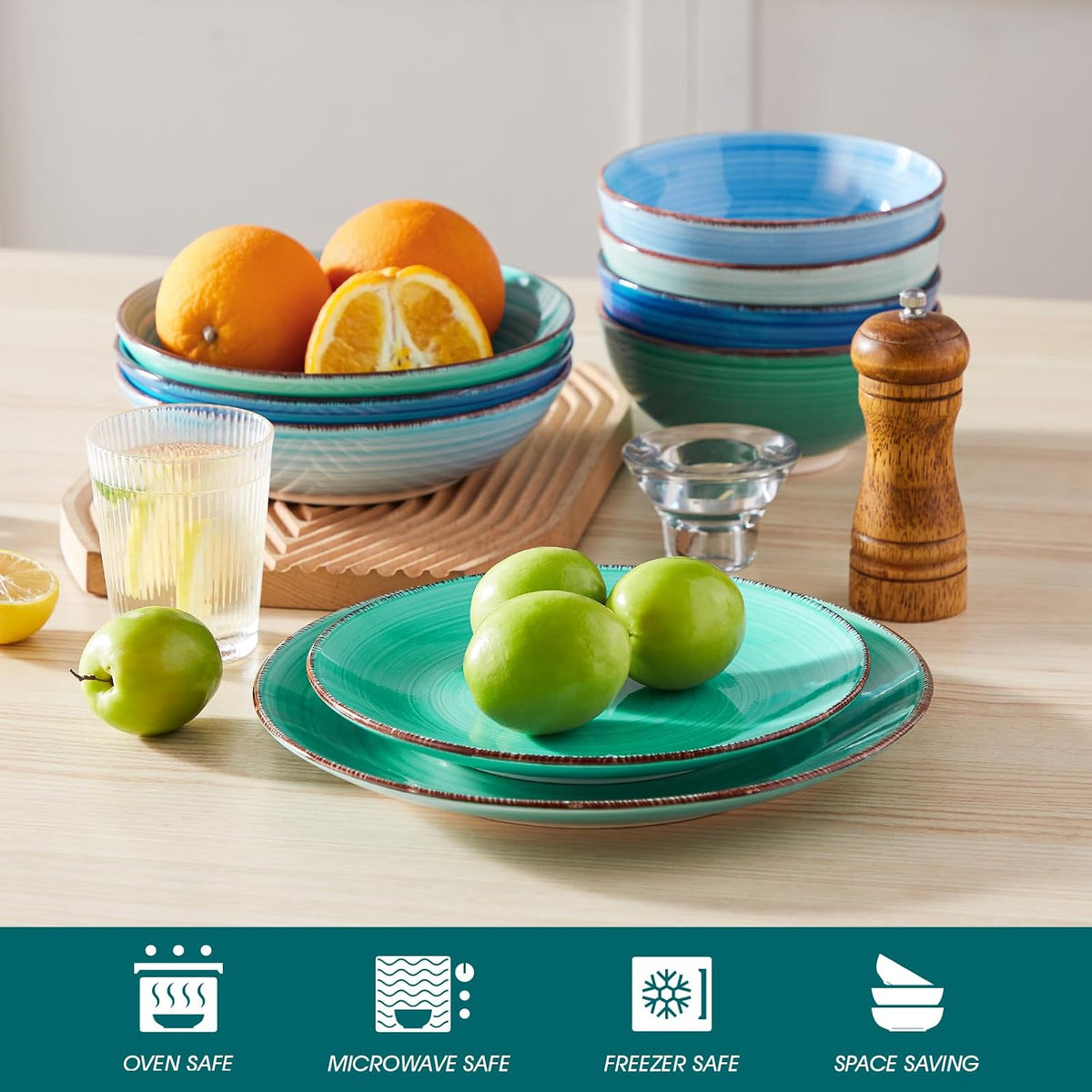 vancasso Bonita 10.5 Inch Ceramic Dinner Plates Set of 6, Cool Colors | Microwave and Oven Safe, Durable Glaze Resists Scratches and Chips, Set of 6 Stackable, Colorful Bonita Design, Salad Plates