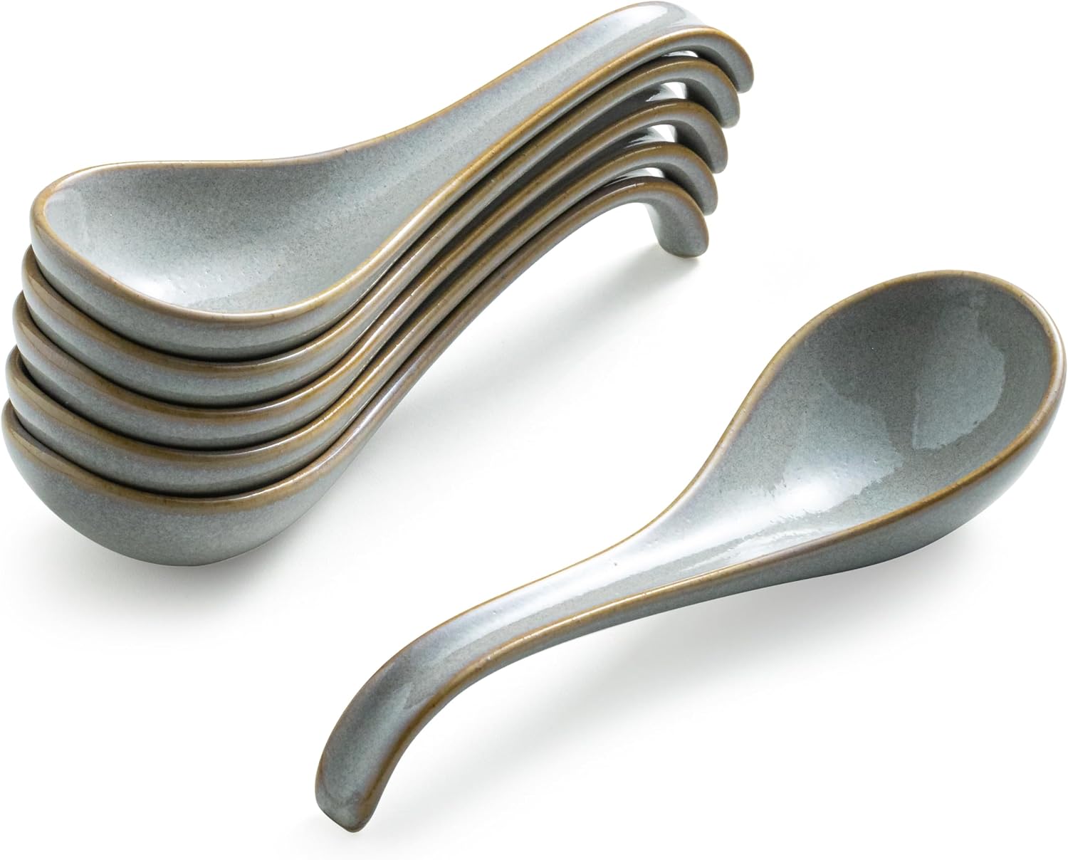 Gomakren Ceramic Chinese Soup Spoon Set of 6, Ramen Spoons 6.5in, Gray | Deep Oval Design, Ergonomic Curved Handle, Stackable Storage, Asian Japanese Style, for Daily Dining Cereal Pho Dumpling Miso