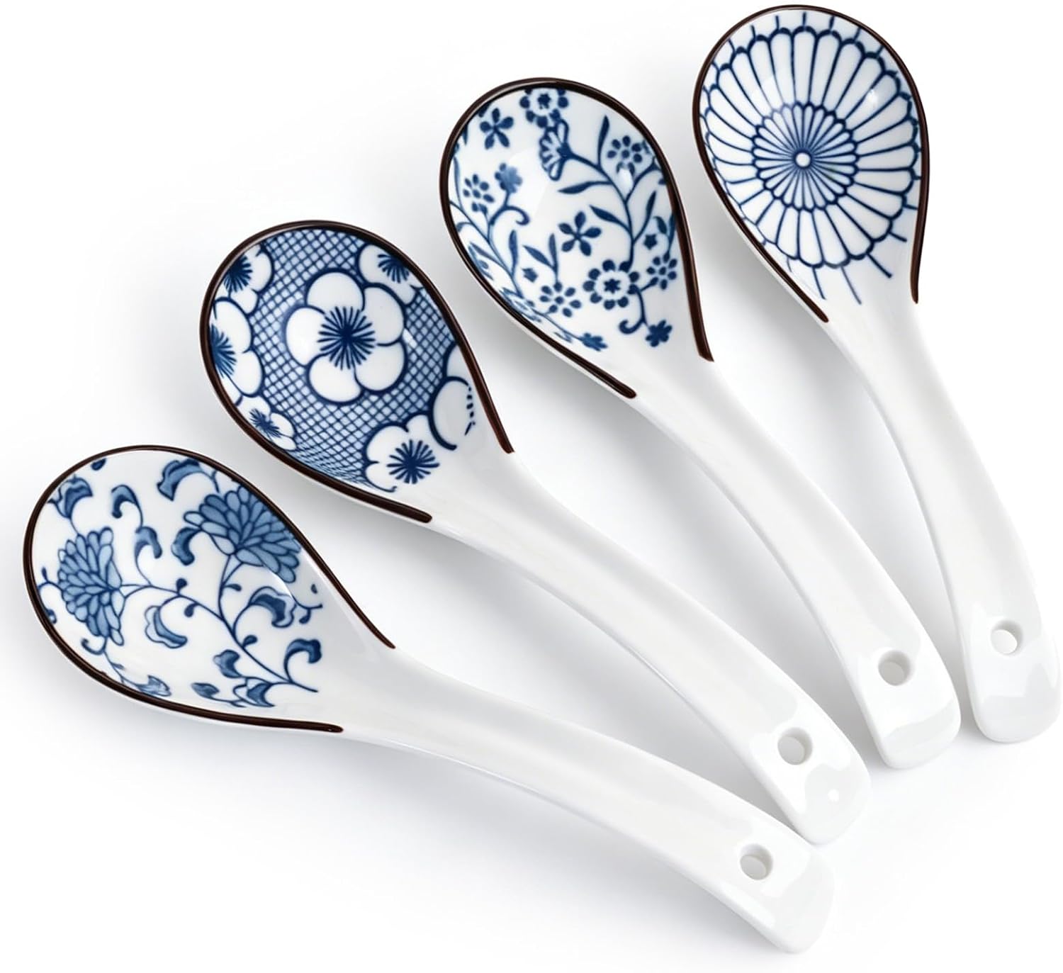 DOWAN Soup Spoons, Asian Ceramic Soup Spoon, with Long Handle Easy to Hold, Non-slip Bottom, Japanese Spoon for Ramen Pho Wonton Dumpling Miso, Set of 4