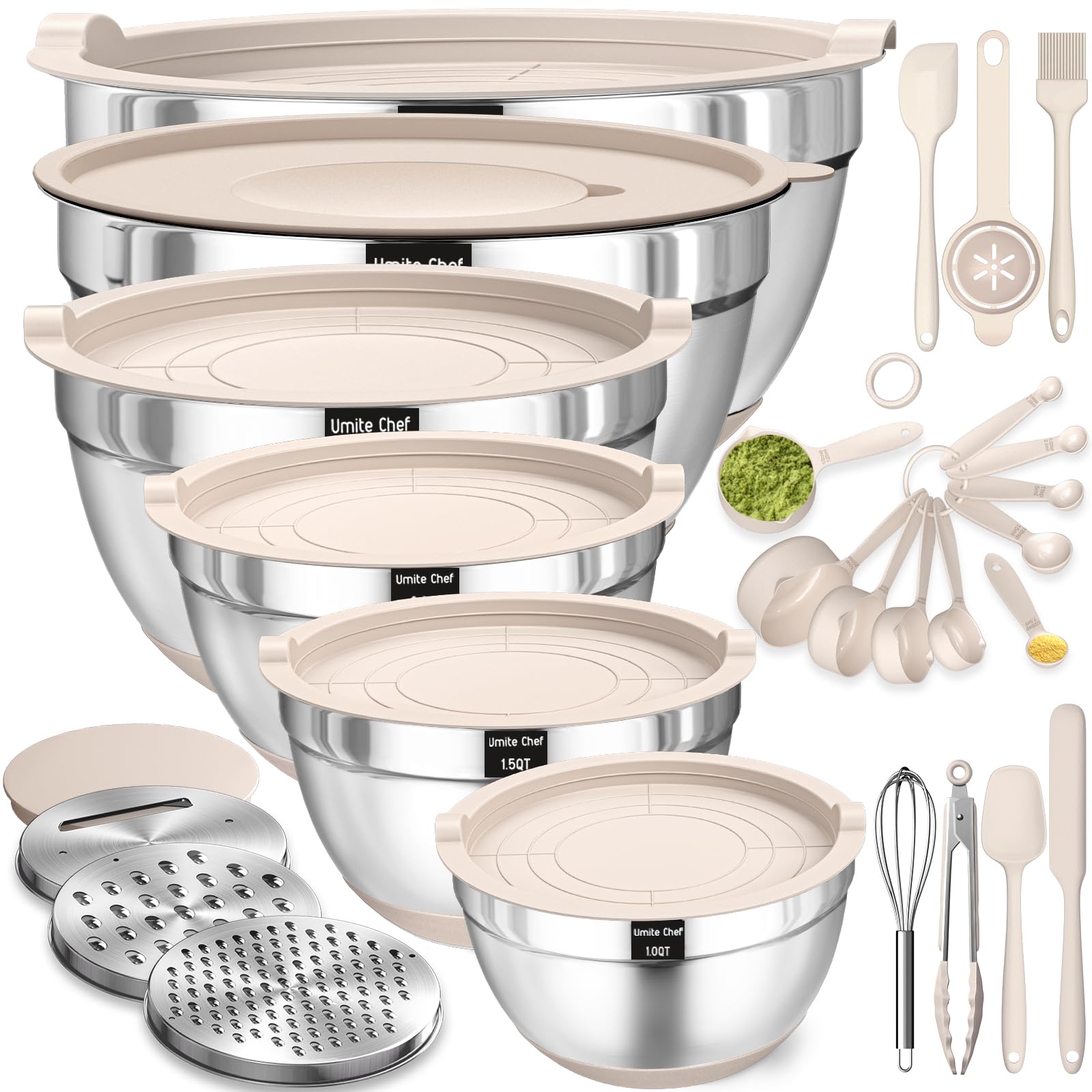 Thickened Heavy-Duty 26pcs Stainless Steel Bowl, Mixing Bowl Set with Lid, Grater Attachment, Non-Slip Bottom and Kitchen Gadget Set, Sizes 7, 4, 2.5, 2.0, 1.5, 1QT, Ideal for Mixing and Serving