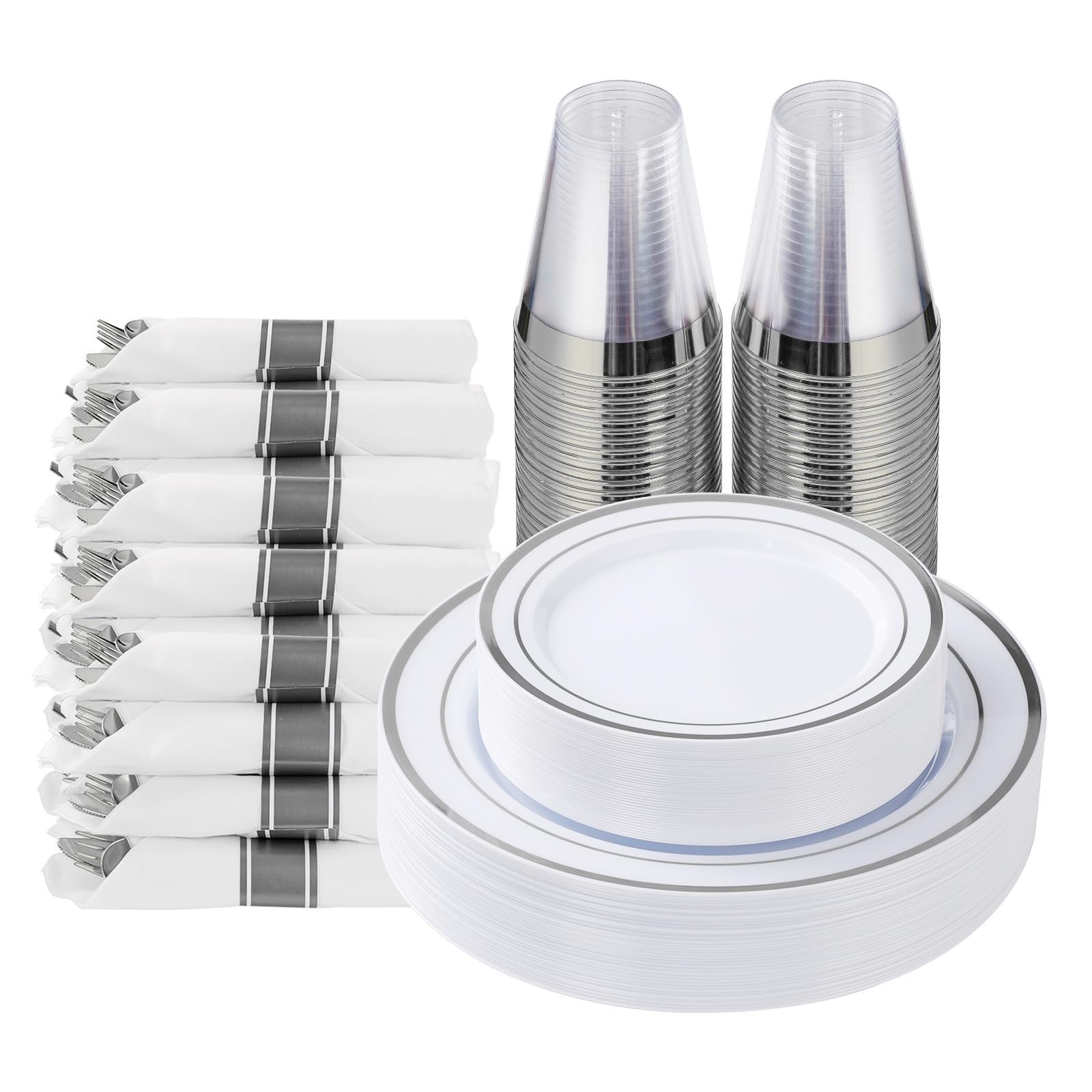 350 Piece Silver Plastic Dinnerware Set for 50 Guests | Disposable Dinnerware Includes: 50 Dinner Plates, 50 Dessert Plates, 50 Pre Rolled Napkins with Silver Silverware, 50 Cups