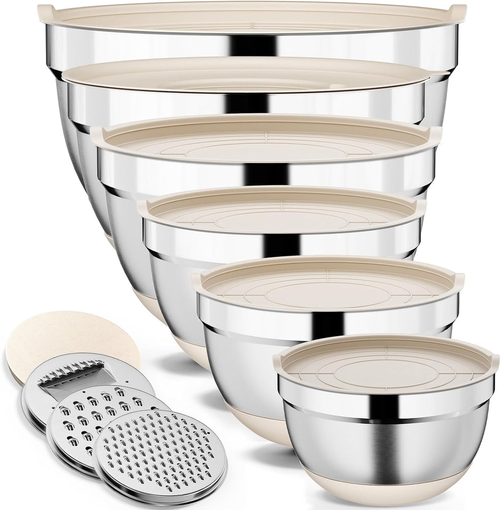 9 Pack Mixing Bowls with Airtight Lids & Grater Attachments, Khaki | Stainless Steel Bowl, Non-slip Bases, Nesting Kitchen Bowl, Size 5, 4, 3, 2, 1.5,1QT,for Food Prep, Baking, Storage & Serving
