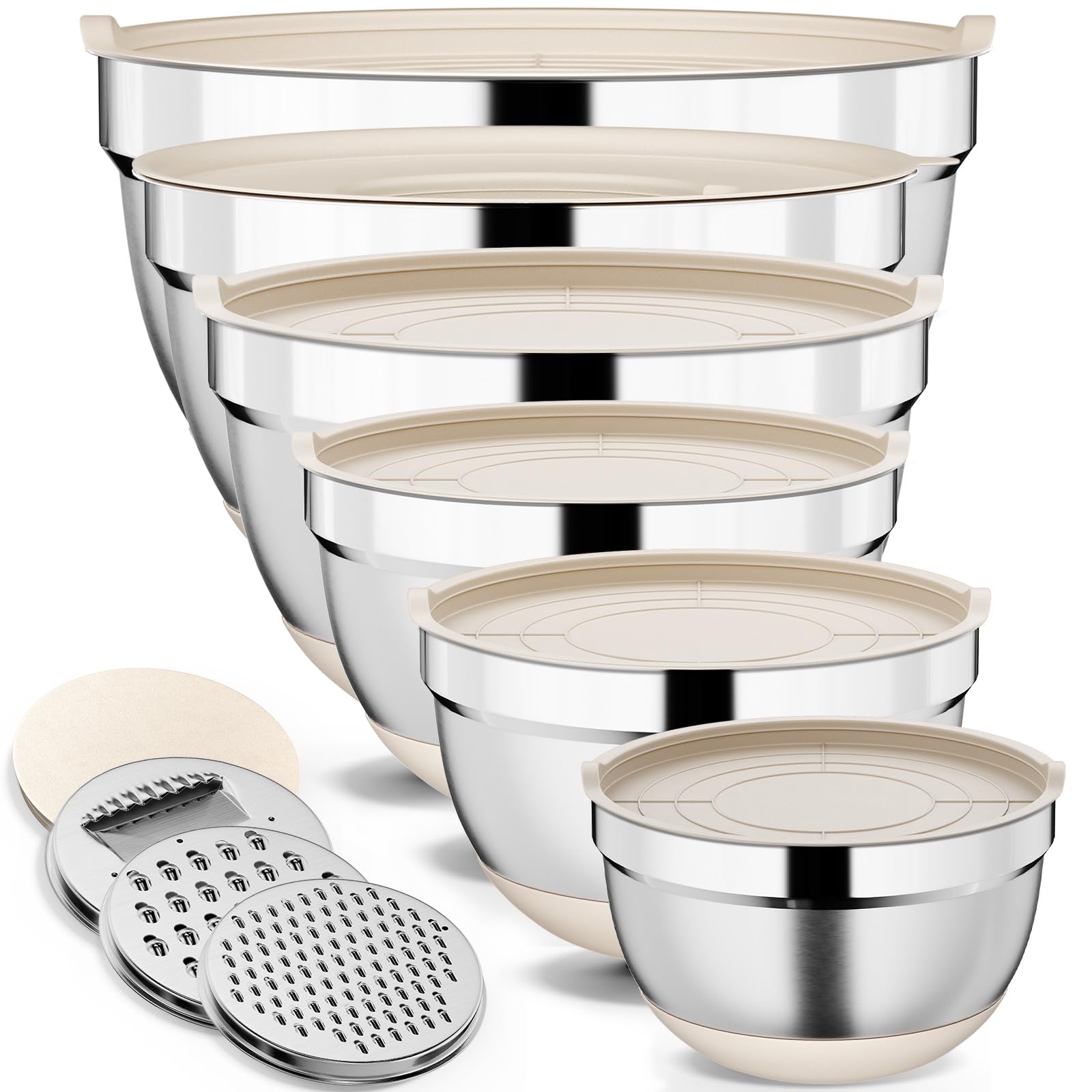 9 Pack Mixing Bowls with Airtight Lids & Grater Attachments, Khaki | Stainless Steel Bowl, Non-slip Bases, Nesting Kitchen Bowl, Size 5, 4, 3, 2, 1.5,1QT,for Food Prep, Baking, Storage & Serving