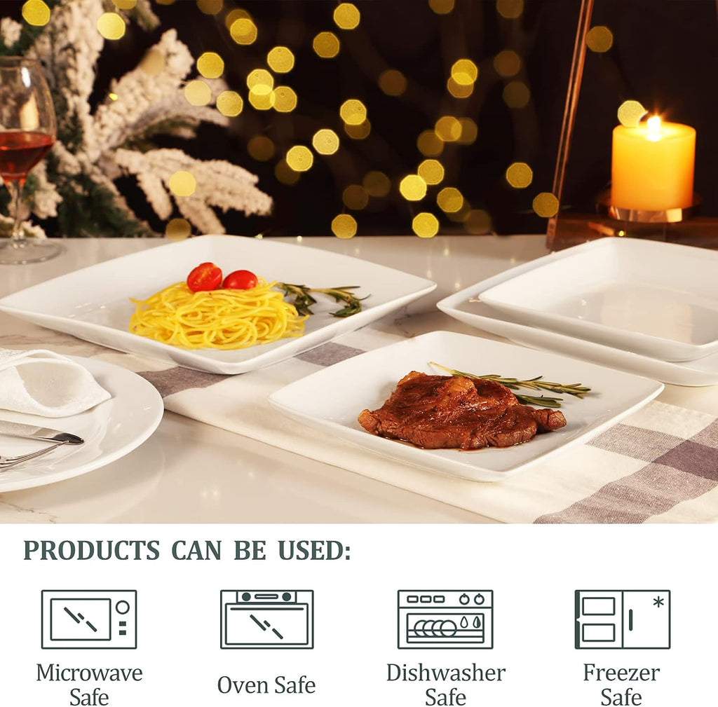 Porcelain Square Dinner Plates, 10.75 Inch Square Serving Plate for Steak, Pasta, Salad, Snacks, Pizza, Appetizer Plates, Set of 6, White | Ceramic Tableware, Raised Rim, Microwave & Dishwasher Safe, Stackable, for Steak, Pasta, Pizza, Everyday Dining, Ea