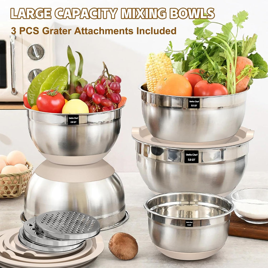 Umite Chef Mixing Bowls with Airtight Lids Set, 8PCS Stainless Steel Nesting Bowls with Grater Attachments, Non-Slip Bottoms, 5, 4, 3.5, 2, 1.5QT for Mixing & Serving