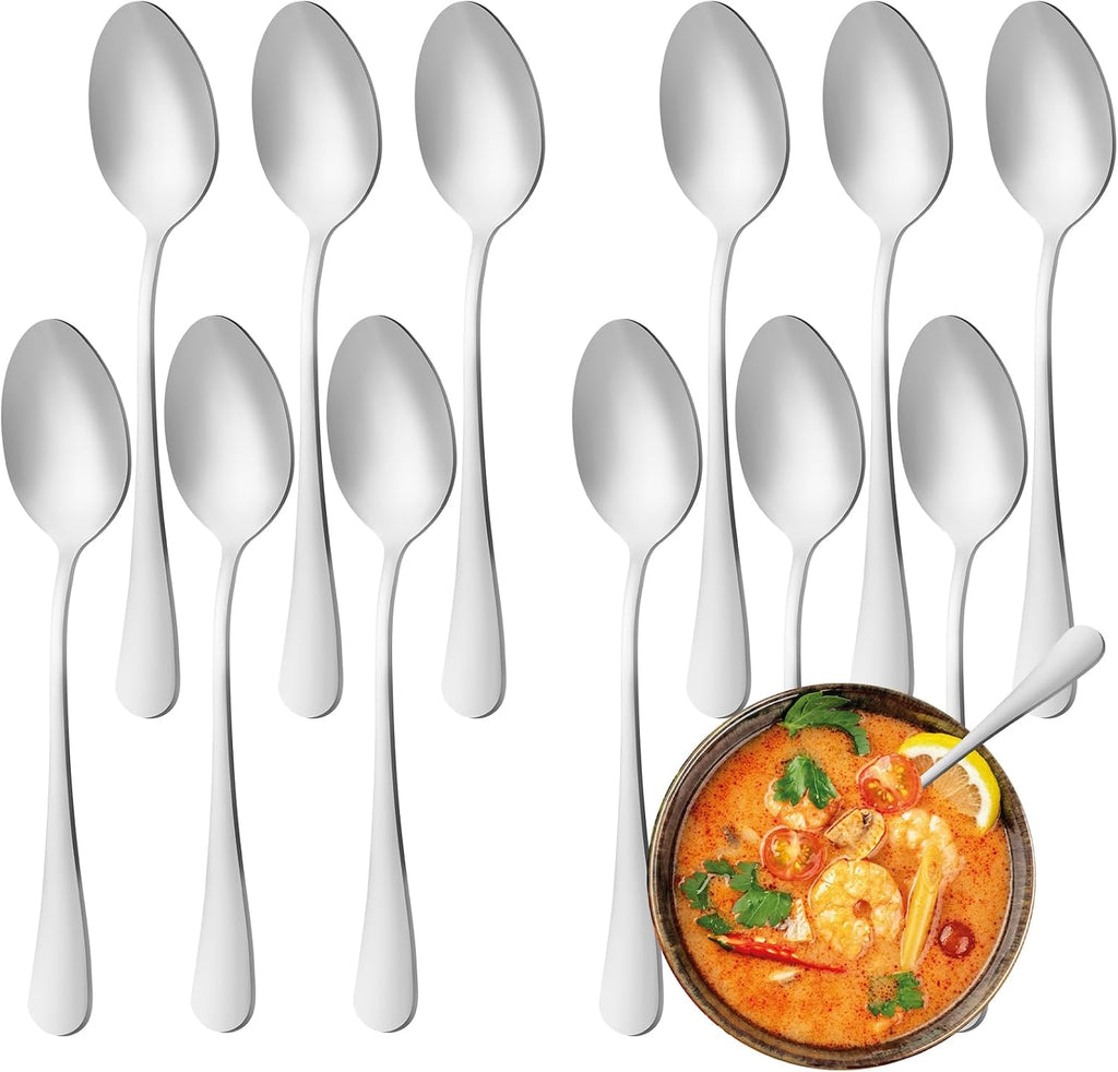 12 Pcs Dinner Spoons Set, Food-Grade Stainless Steel Tablespoons, Durable Metal Table Spoon, Cutlery Soup Spoons Silverware for Home, Kitchen or Restaurant, Mirror Polished, Dishwasher Safe - 7 Inch