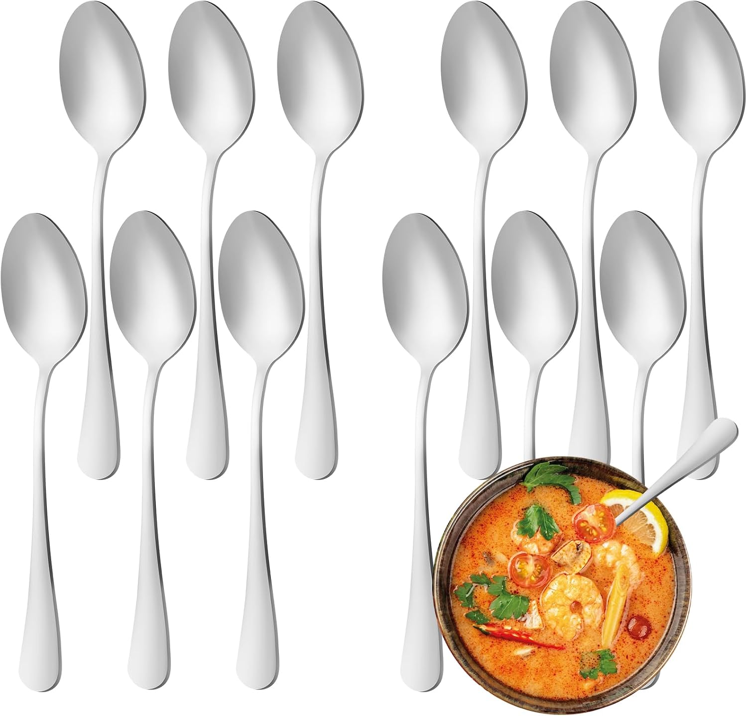 12 Pcs Dinner Spoons Set, Food-Grade Stainless Steel Tablespoons, Durable Metal Table Spoon, Cutlery Soup Spoons Silverware for Home, Kitchen or Restaurant, Mirror Polished, Dishwasher Safe - 7 Inch