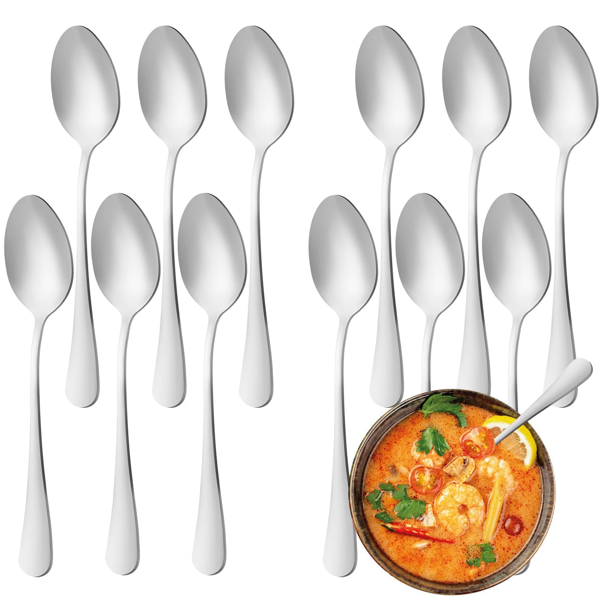 12 Pcs Dinner Spoons Set, Food-Grade Stainless Steel Tablespoons, Durable Metal Table Spoon, Cutlery Soup Spoons Silverware for Home, Kitchen or Restaurant, Mirror Polished, Dishwasher Safe - 7 Inch