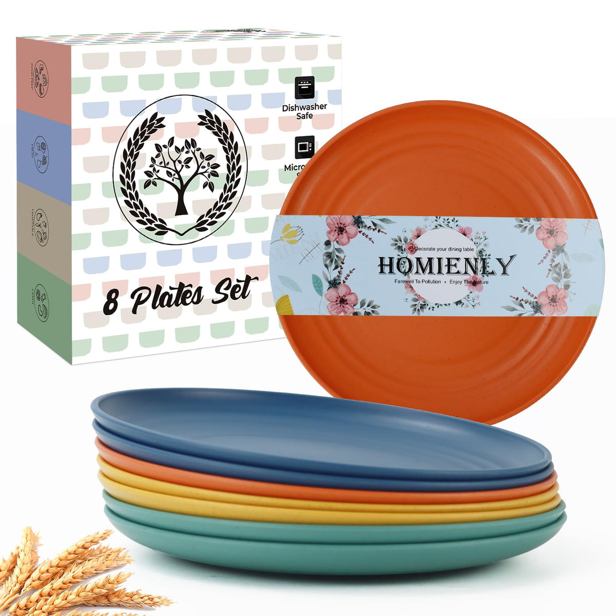Deep Dinner Plates Set of 8 Alternative for Plastic Plates Microwave and Dishwasher Safe Wheat Straw Plates for Kitchen Unbreakable Kids Plate Set with 4 Colors (Classic Bright, 9 inch)