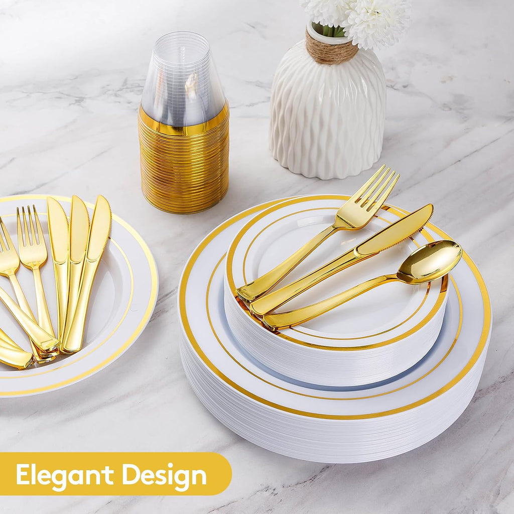 600 Pieces Gold Disposable Plastic Plates for 100 Guests | Include: Dinnerware Set of 100 Dinner and 100 Dessert Plates, 100 Spoons, 100 Forks, 100 Knives, 100 Cups Plates for Party