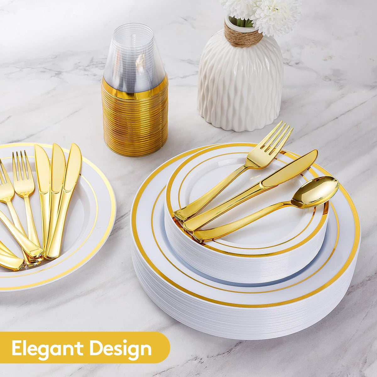 600 Pieces Gold Disposable Plastic Plates for 100 Guests | Include: Dinnerware Set of 100 Dinner and 100 Dessert Plates, 100 Spoons, 100 Forks, 100 Knives, 100 Cups Plates for Party