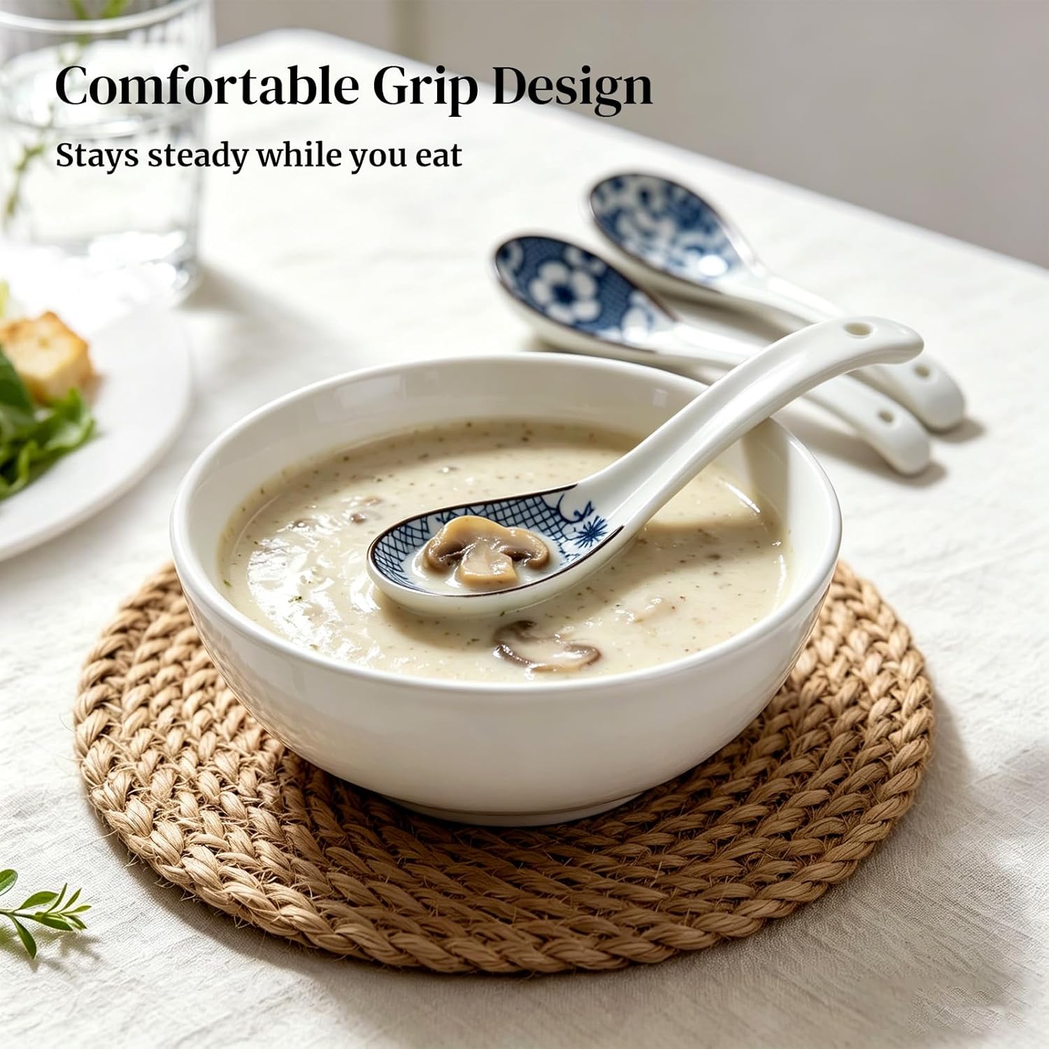 DOWAN Soup Spoons, Asian Ceramic Soup Spoon, with Long Handle Easy to Hold, Non-slip Bottom, Japanese Spoon for Ramen Pho Wonton Dumpling Miso, Set of 4