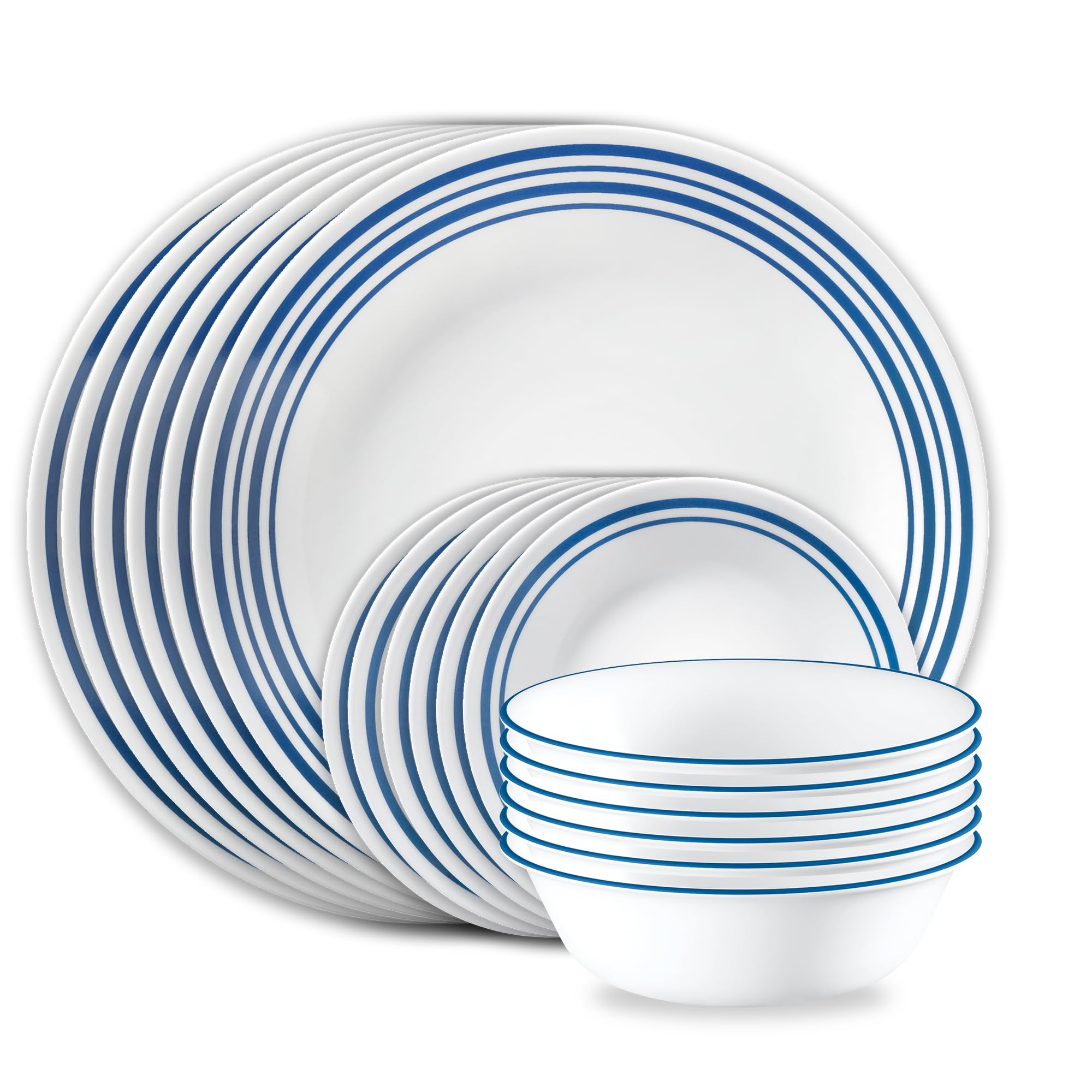 Corelle Vitrelle 18-Piece Service for 6 Dinnerware Set Triple Layer Glass and Chip Resistant, Lightweight Round Plates and Bowls Set, Winter Frost White