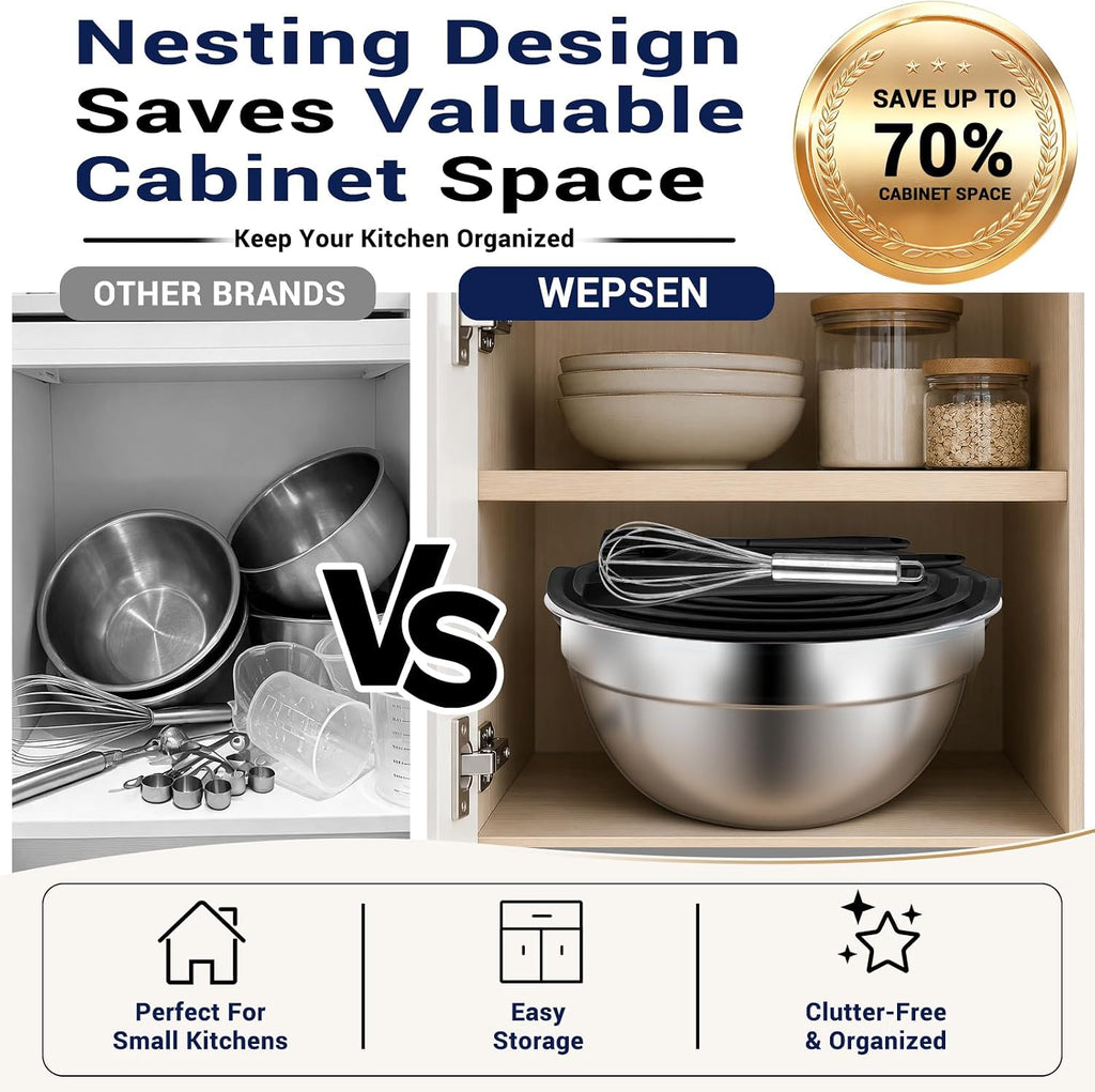 WEPSEN Mixing Bowls Set, 25PCS Stainless Steel Mixing Bowl with Lid Set, Large Nesting Bowls 7, 4.5, 3,2, 1.5QT, Measuring Cups and Spoons Baking Utensils Metal Bowl for Kitchen Prep