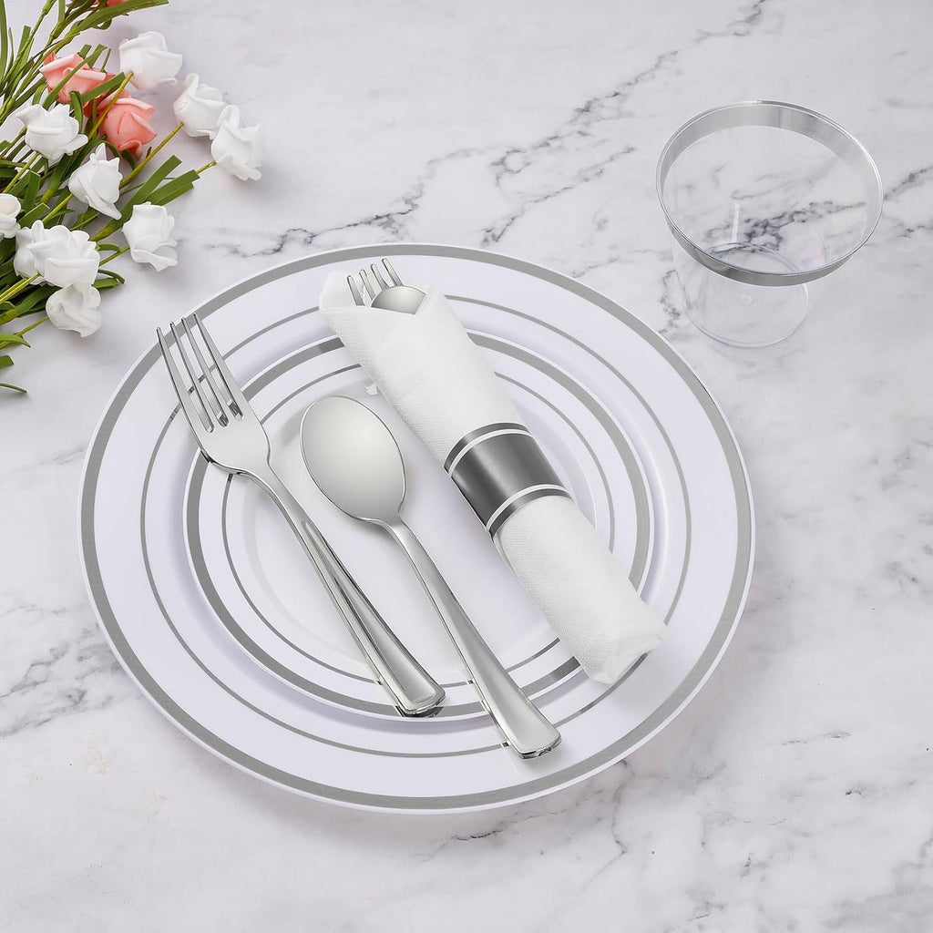 350 Piece Silver Plastic Dinnerware Set for 50 Guests | Disposable Dinnerware Includes: 50 Dinner Plates, 50 Dessert Plates, 50 Pre Rolled Napkins with Silver Silverware, 50 Cups