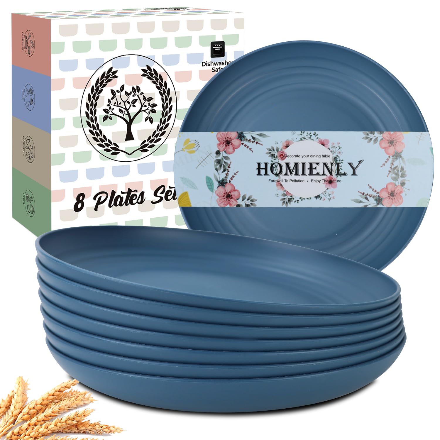 Deep Dinner Plates Set of 8 Alternative for Plastic Plates Microwave and Dishwasher Safe Wheat Straw Plates for Kitchen Unbreakable Kids Plate Set with 4 Colors (Classic Bright, 9 inch)