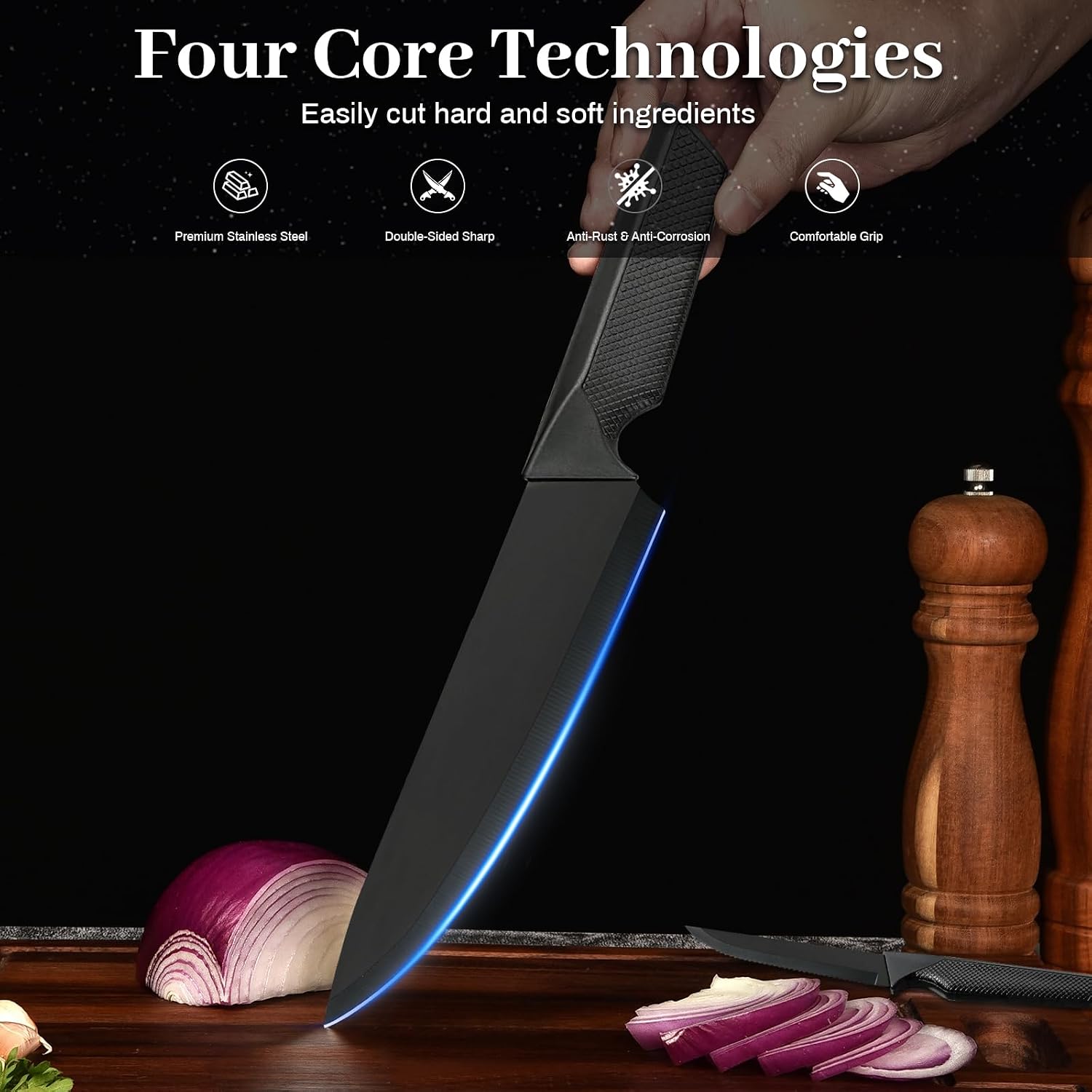 Kitchen Knife Set,18 Pieces Black Kitchen Utensils Set with Holder and Kitchen Professional Chef Knife Set for Cooking,Non-Stick Heat Resistan Silicone Utensils Set with Wooden Handle (Black)