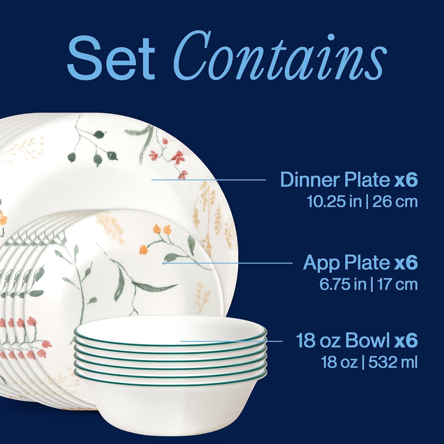 Corelle Vitrelle 18 Piece Glass Dinnerware Sets Service for 6, Triple Layer Chip & Crack Resistant Glass Plate and Bowl Sets, Wildflower
