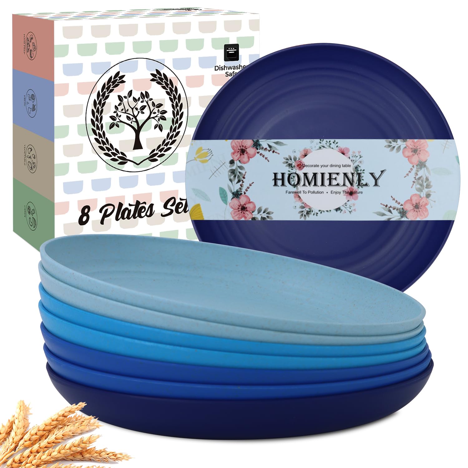 Deep Dinner Plates Set of 8 Alternative for Plastic Plates Microwave and Dishwasher Safe Wheat Straw Plates for Kitchen Unbreakable Kids Plate Set with 4 Colors (Classic Bright, 9 inch)