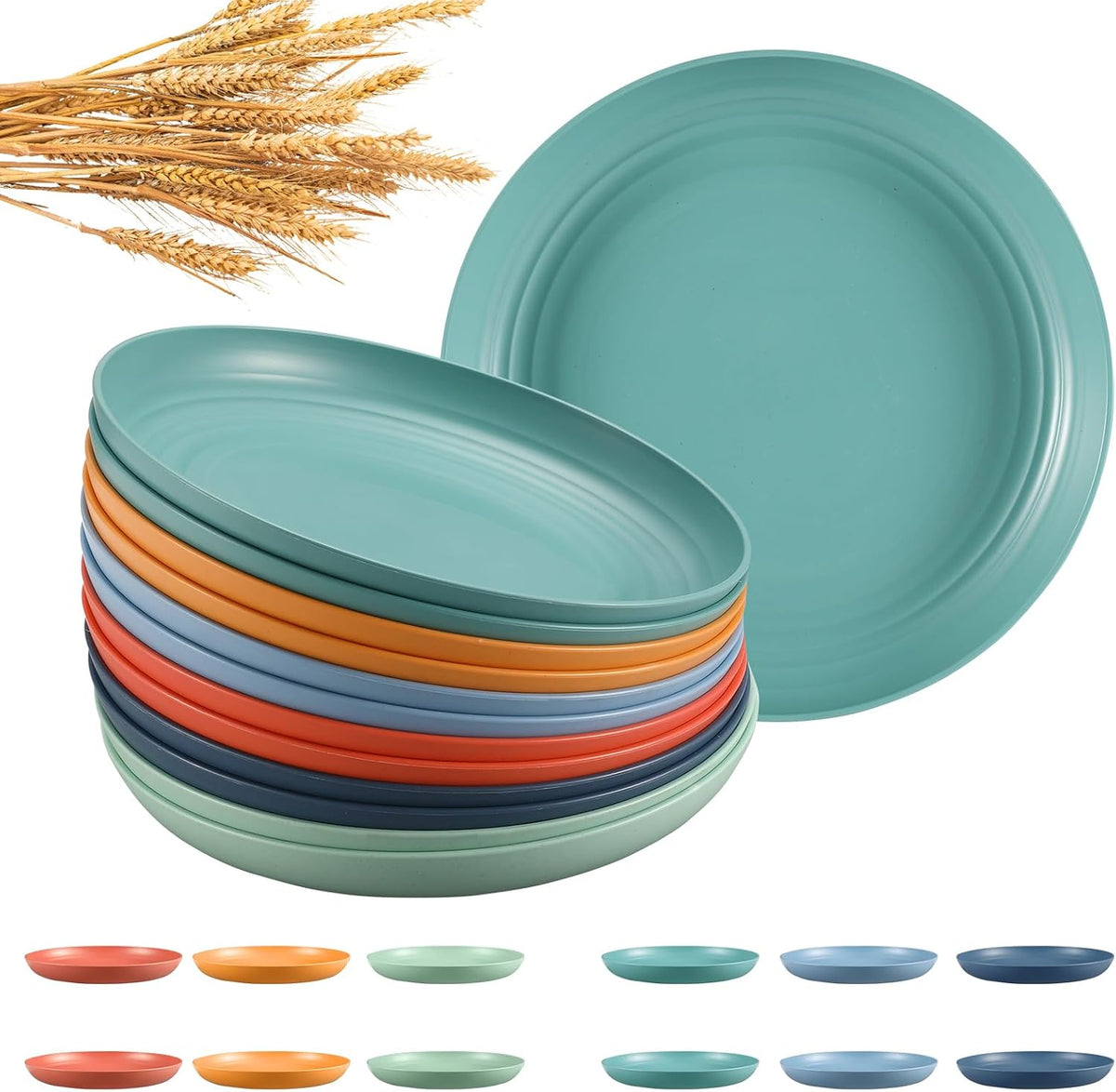 HEYCOME 12 Pcs Unbreakable Deep Dinner Plates Set, 10 inch Reusable Plastic Wheat Straw Plates, Microwave and Dishwasher Safe Plate for Kitchen, Lightweight Plate for Dessert, BPA Free, 6 Colors