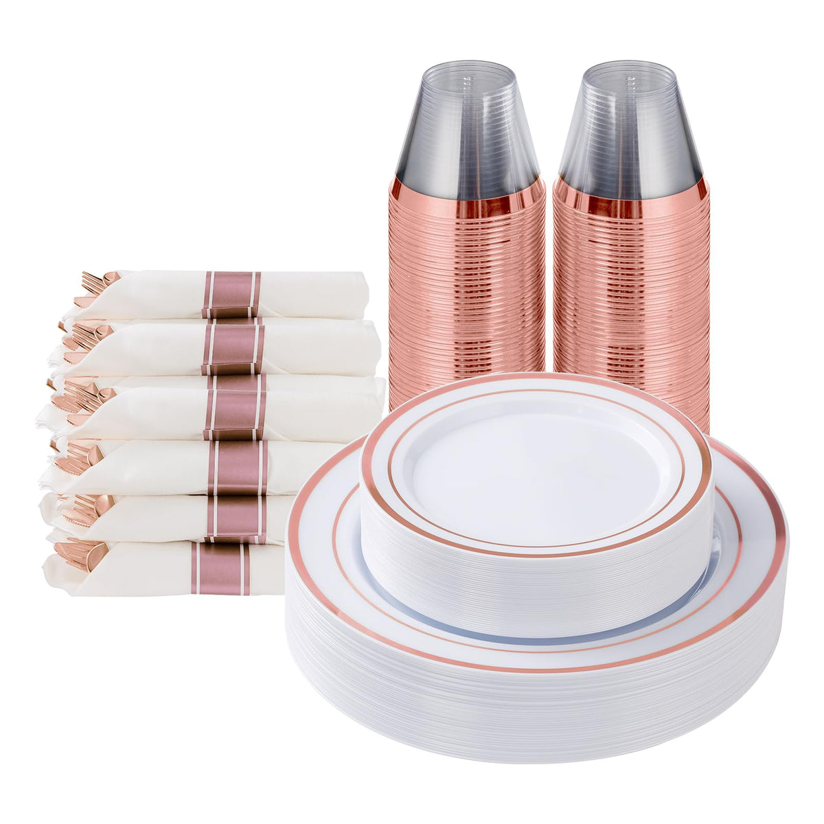 350 Piece Silver Plastic Dinnerware Set for 50 Guests | Disposable Dinnerware Includes: 50 Dinner Plates, 50 Dessert Plates, 50 Pre Rolled Napkins with Silver Silverware, 50 Cups