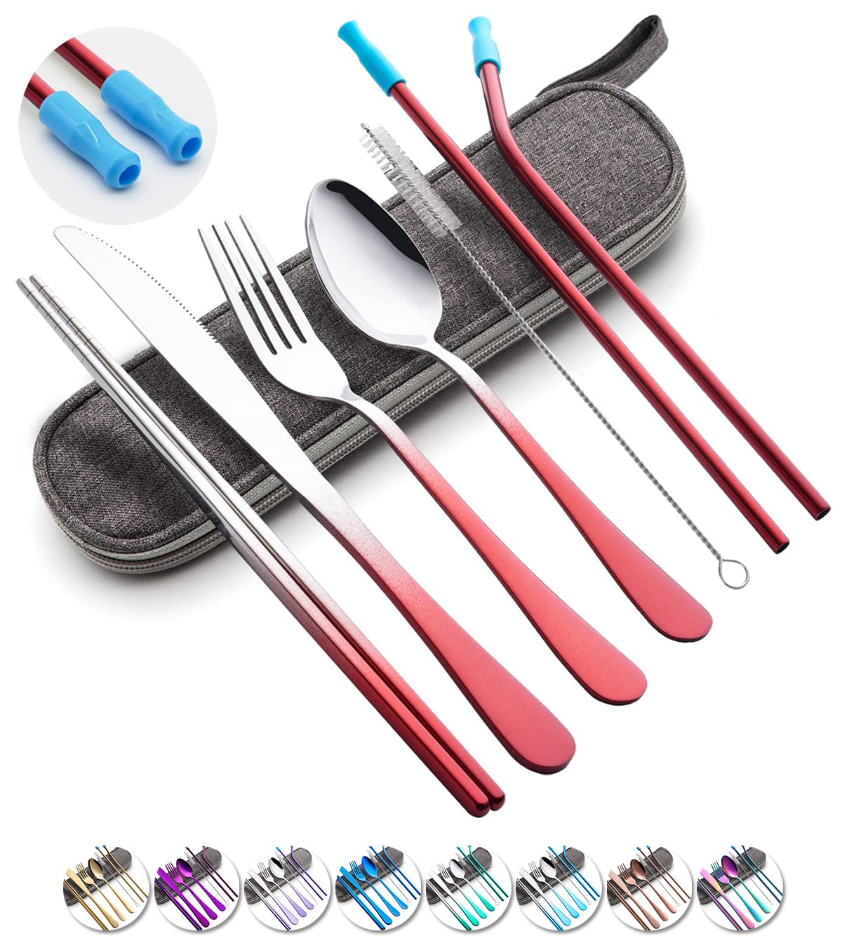 Travel Utensils Set with Case Reusable Portable Cutlery Set Stainless Steel 8pcs Including Dinner Knife Fork Spoon Chopsticks straws(Gradient Pink) | Dishwasher Including Dinner Knife Fork Spoon Chopsticks Straws Travel Fork Spoon Knife for Work, Camping