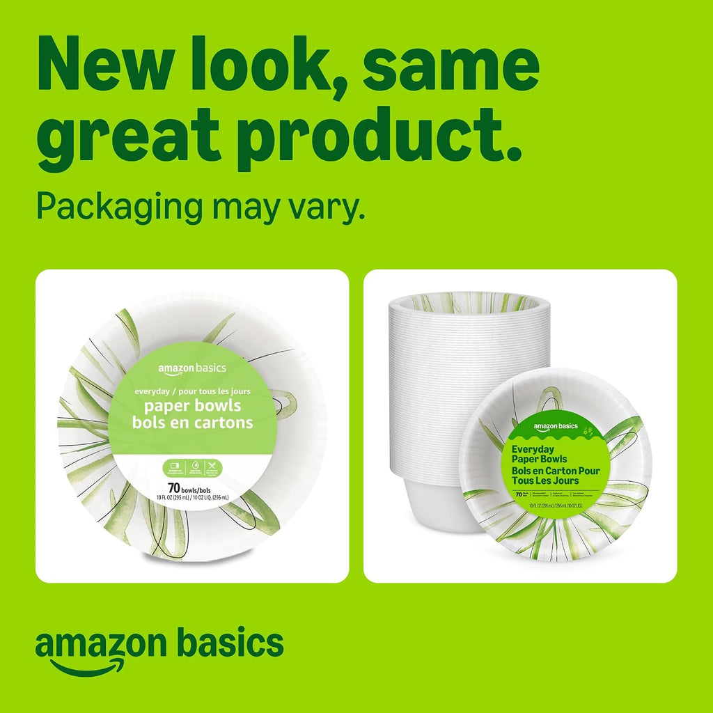 Amazon Basics Everyday Paper Bowls, 10 Oz, Disposable, 70 Count, White, Packaging May Vary