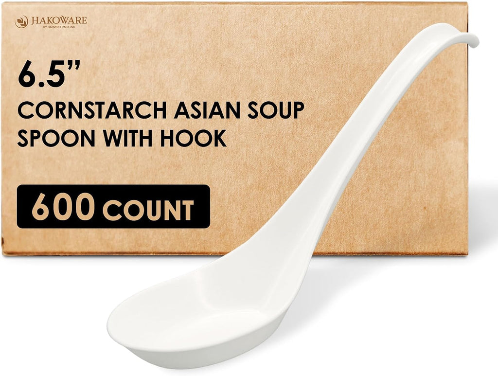 Disposable PLA Cornstarch Asian Soup Spoons with Hook Plastic-Free, 600 PK | Anti-Slip Hook Design,Eco-friendly,Heavy Duty,Crystalized,Take-out,Ramen,Pho,Noodles,Hot Soup,Hakoware,Chinese,Wonton,Cutlery